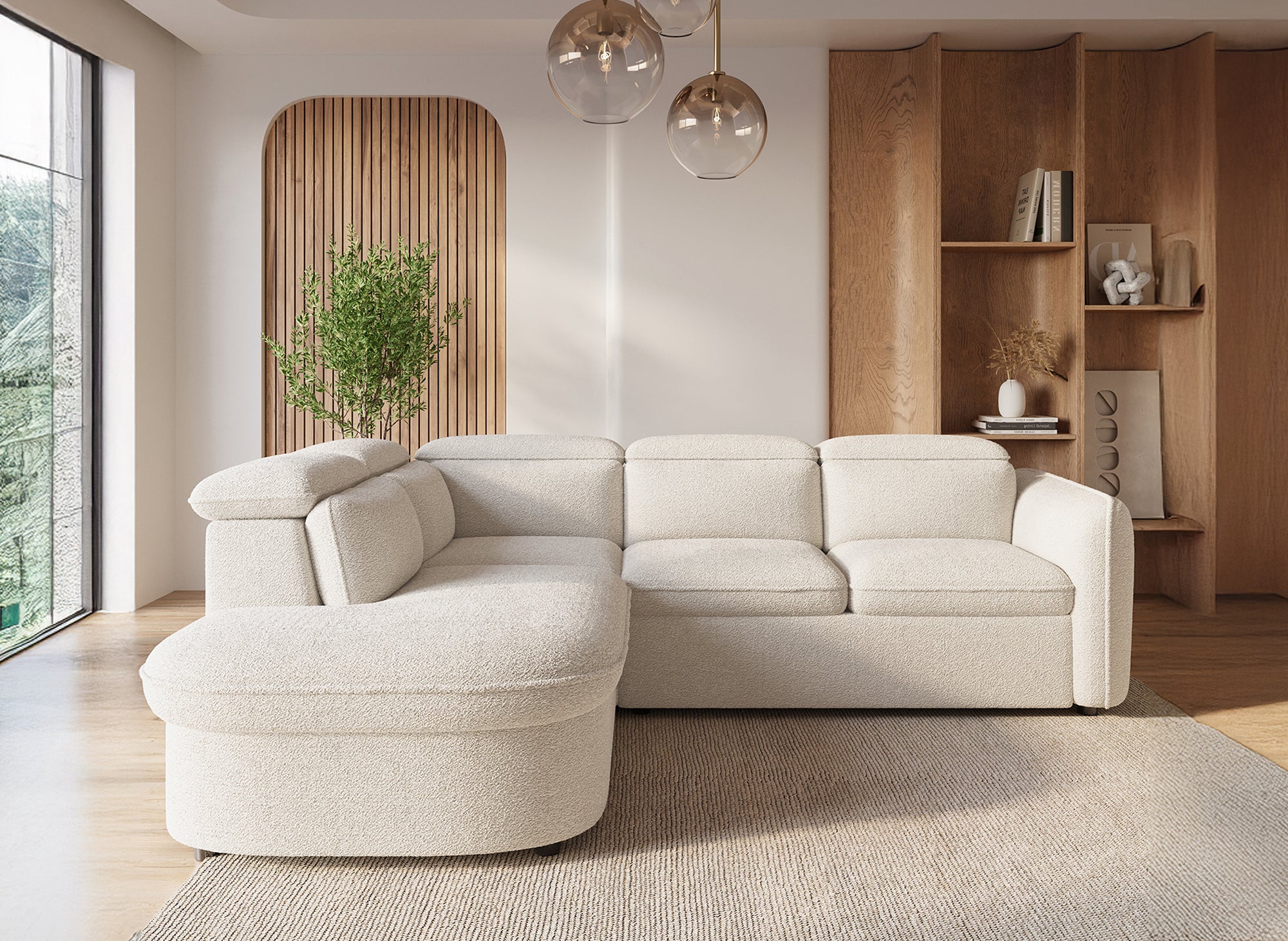 Canapé d'angle convertible avec coffre de rangement en tissu bouclette écru BAYA - angle gauche