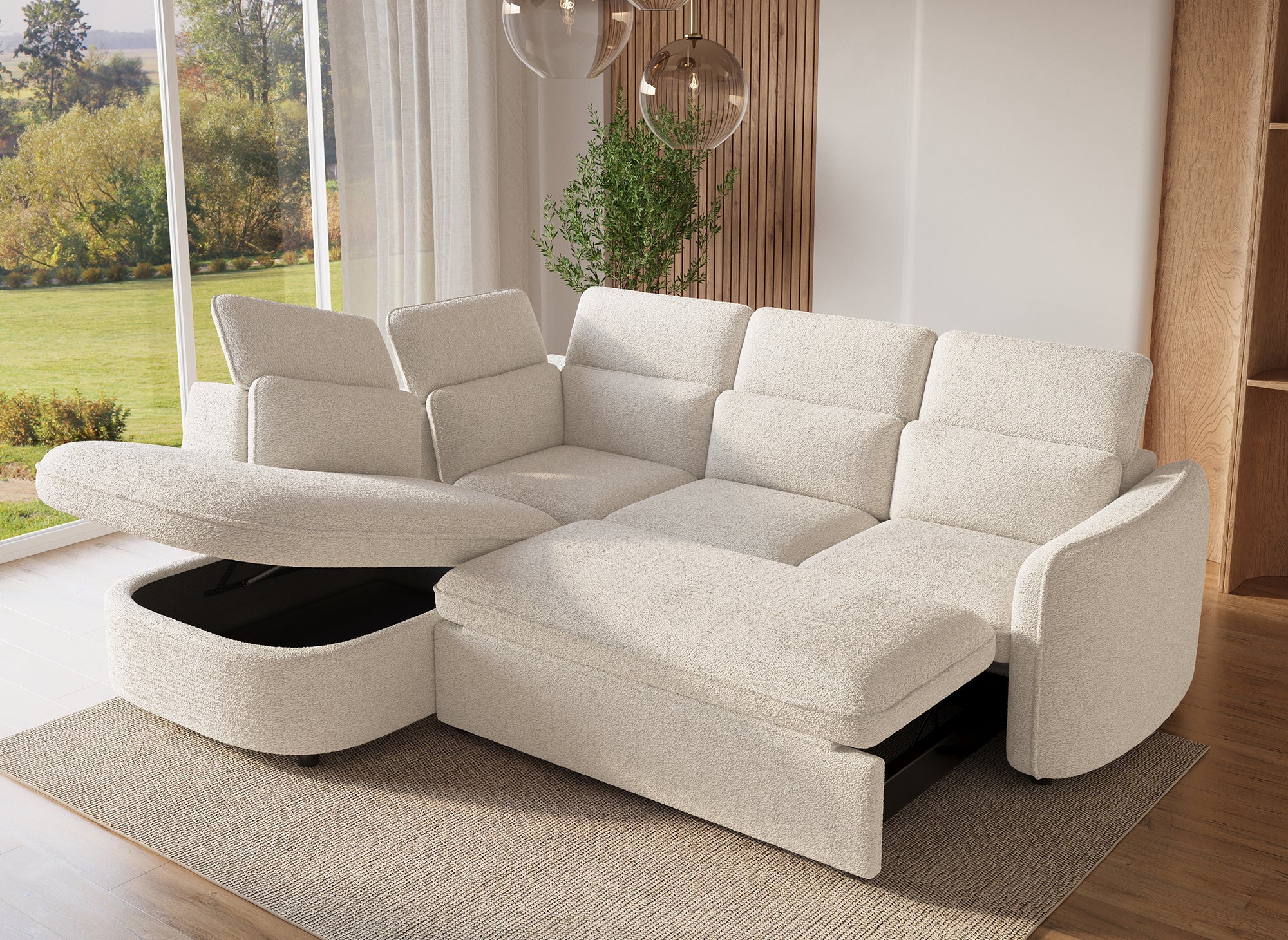 Canapé d'angle convertible avec coffre de rangement en tissu bouclette écru BAYA - angle gauche