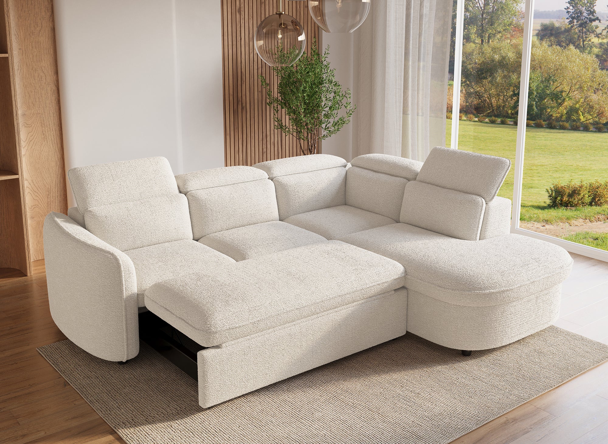 Canapé d'angle convertible avec coffre de rangement en tissu bouclette écru BAYA - angle droit