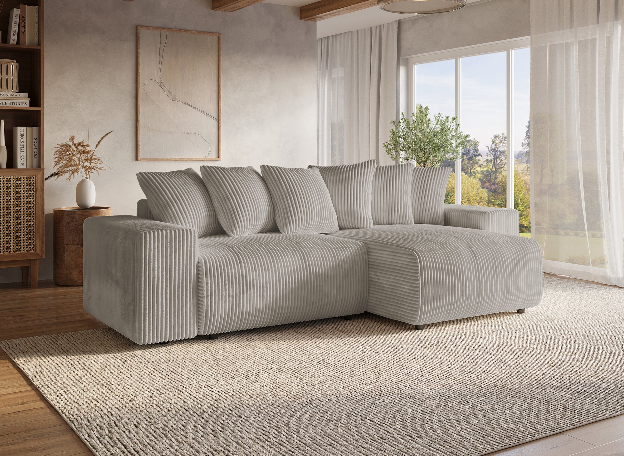 Canapé d'angle réversible convertible avec coffre en velours côtelé épais taupe NOELIA