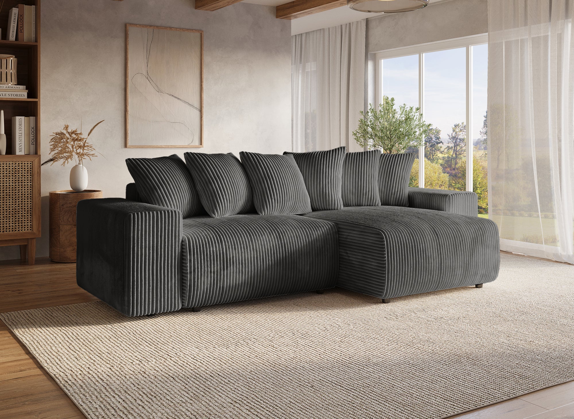 Canapé d'angle réversible convertible avec coffre en velours côtelé épais gris NOELIA