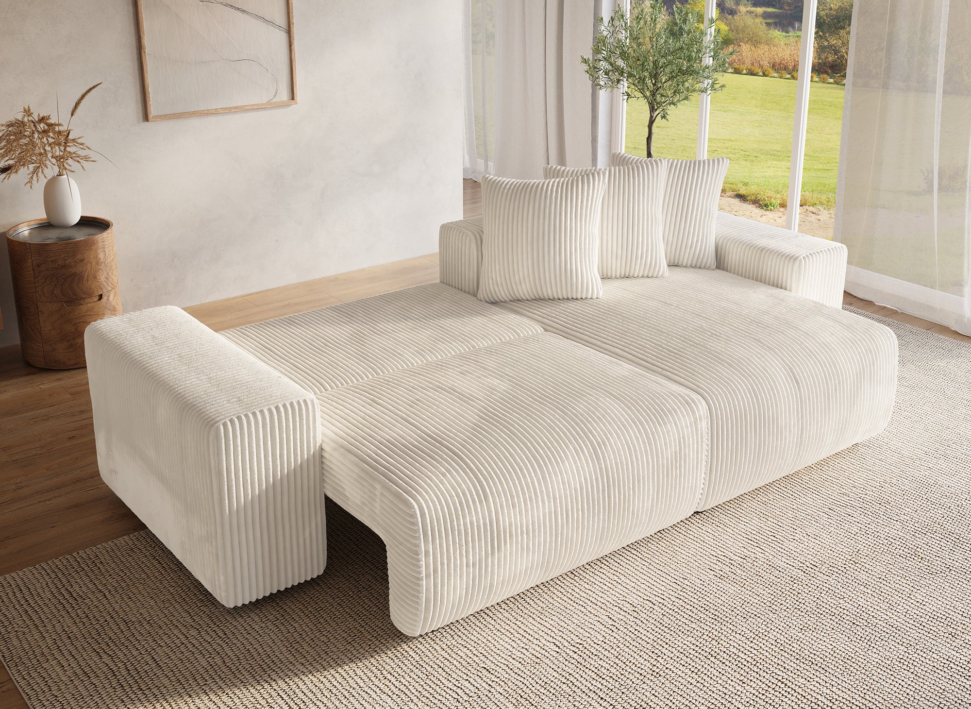 Canapé d'angle réversible convertible avec coffre en velours côtelé épais beige NOELIA