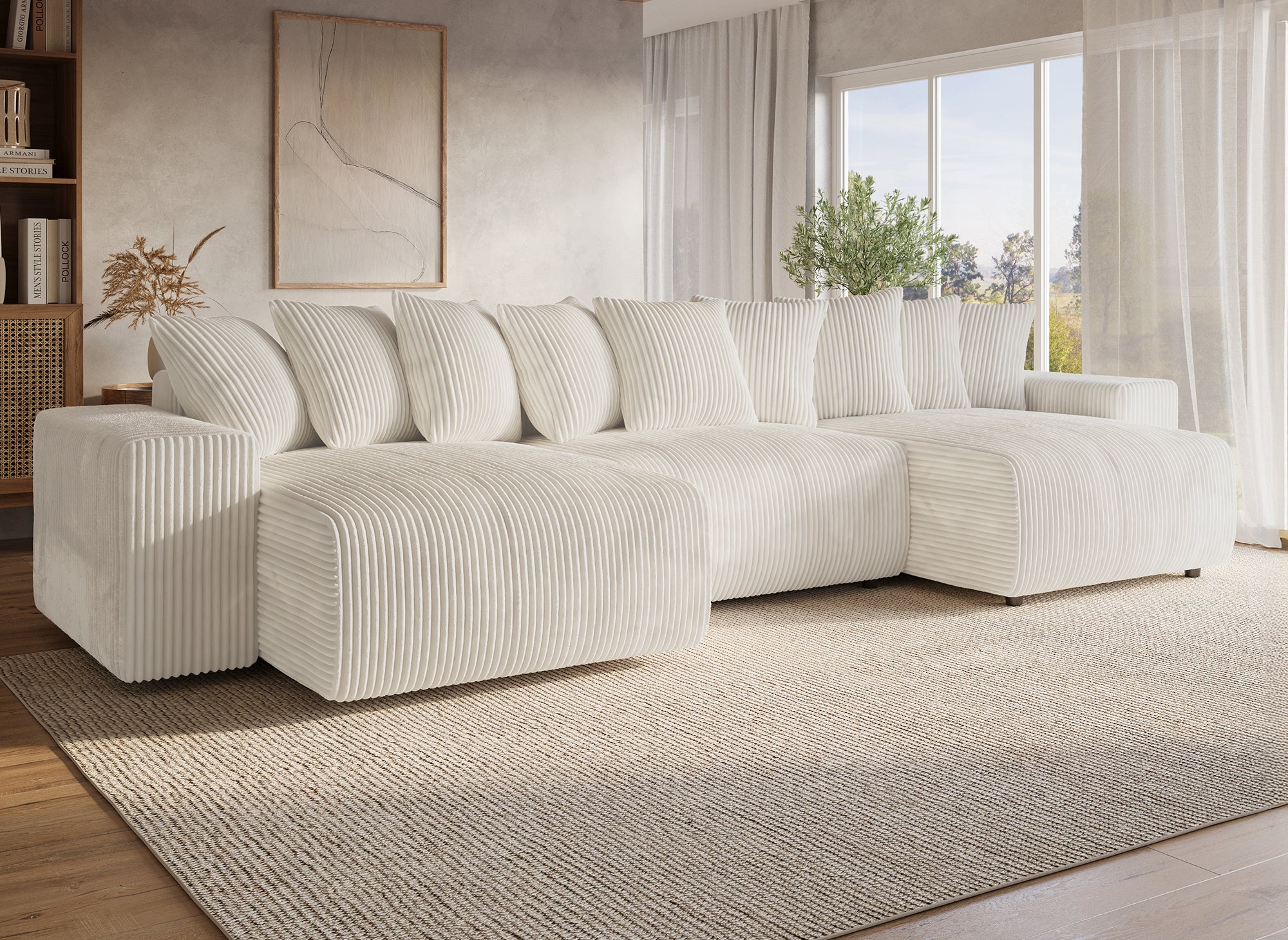 Canapé panoramique réversible convertible avec coffre en velours côtelé épais beige NOELIA