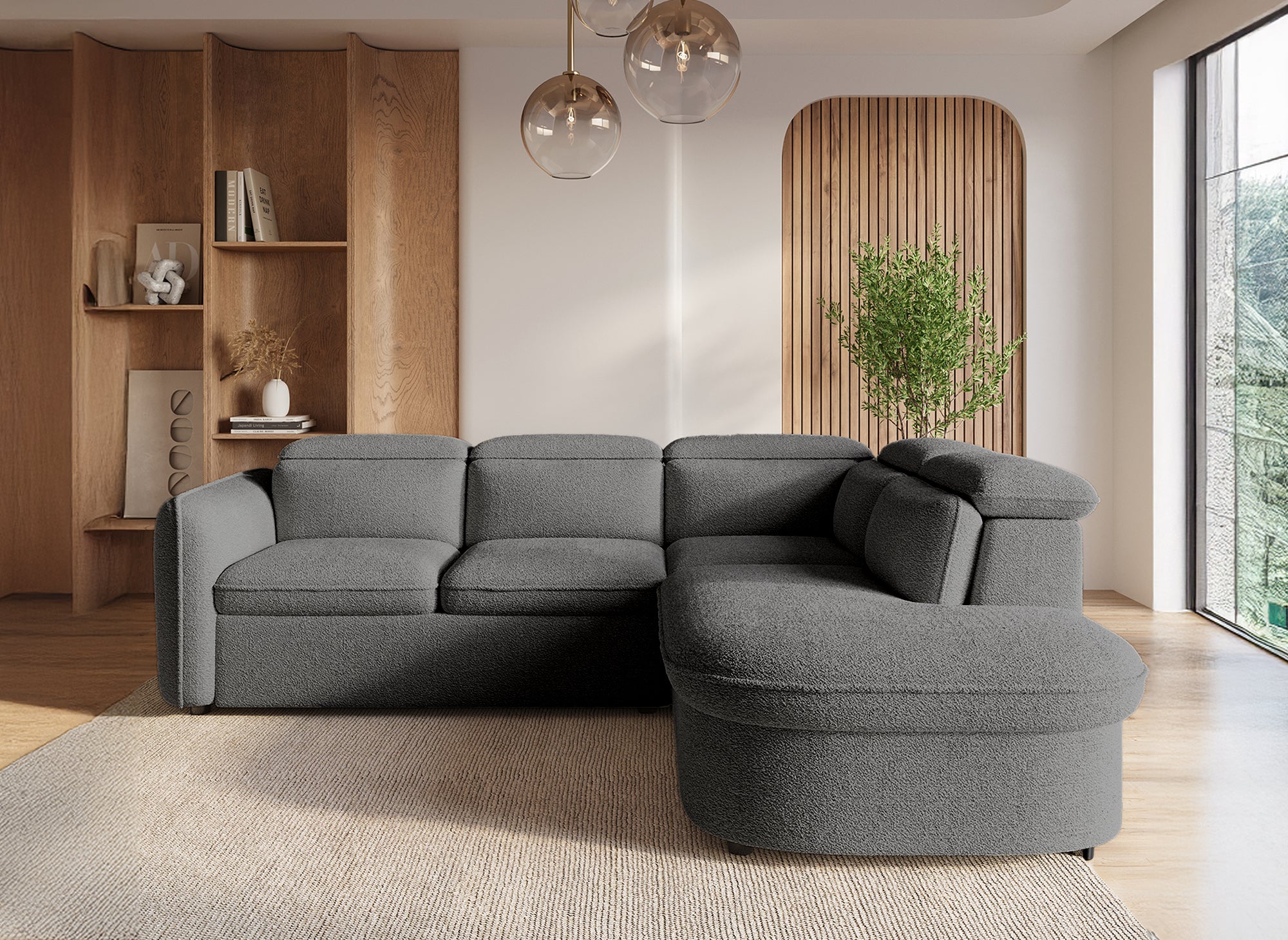 Canapé d'angle convertible avec coffre de rangement en tissu bouclette gris BAYA - angle droit