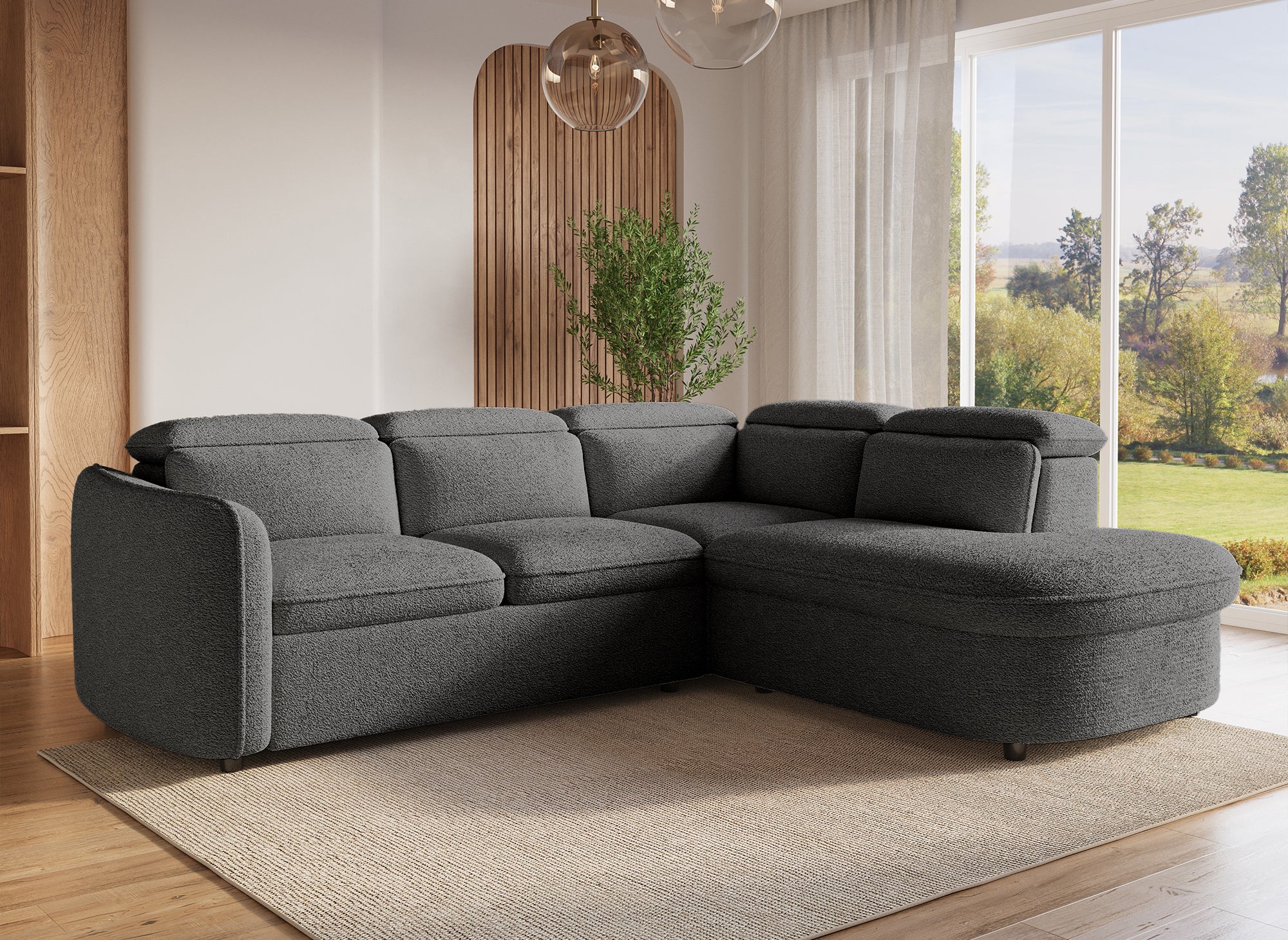 Canapé d'angle convertible avec coffre de rangement en tissu bouclette gris BAYA - angle droit