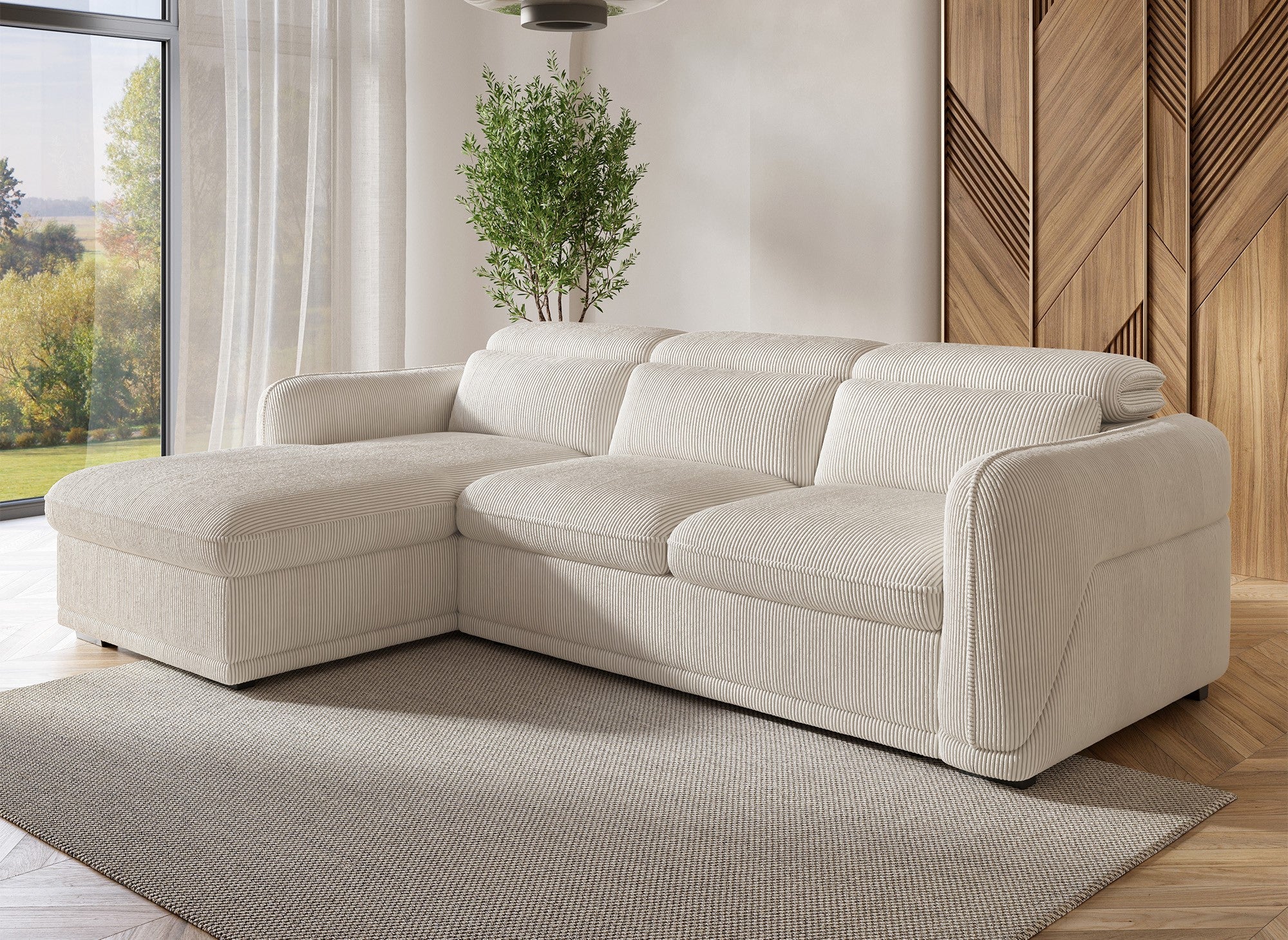 Canapé d'angle gauche convertible avec coffre en velours côtelé épais beige PETUNIA - Angle gauche