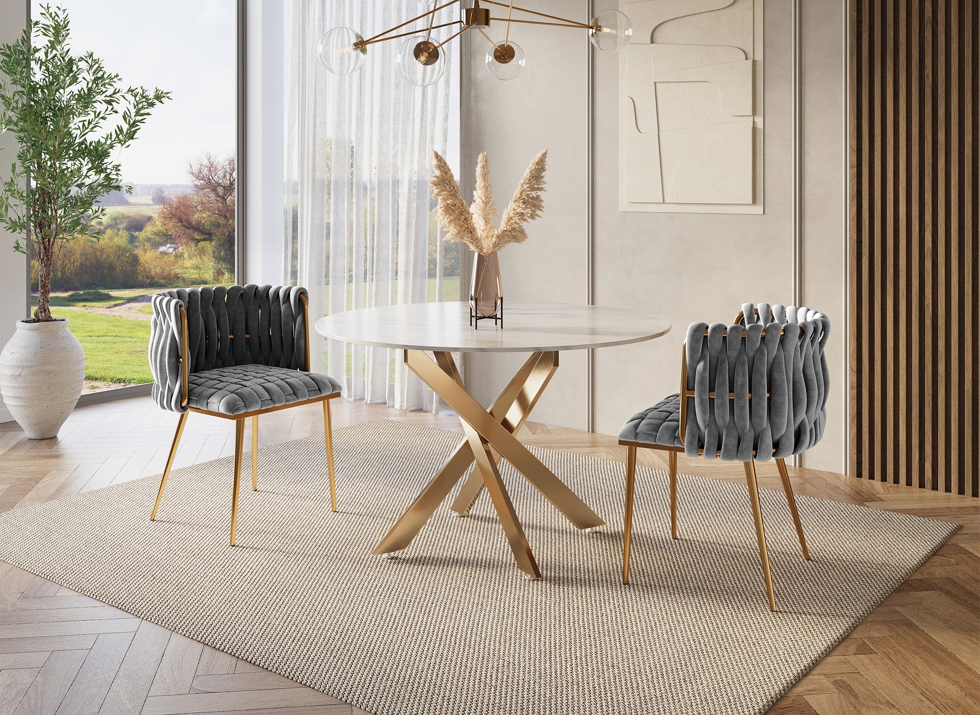 Lot de 2 chaises en velours gris pieds en métal doré POLO