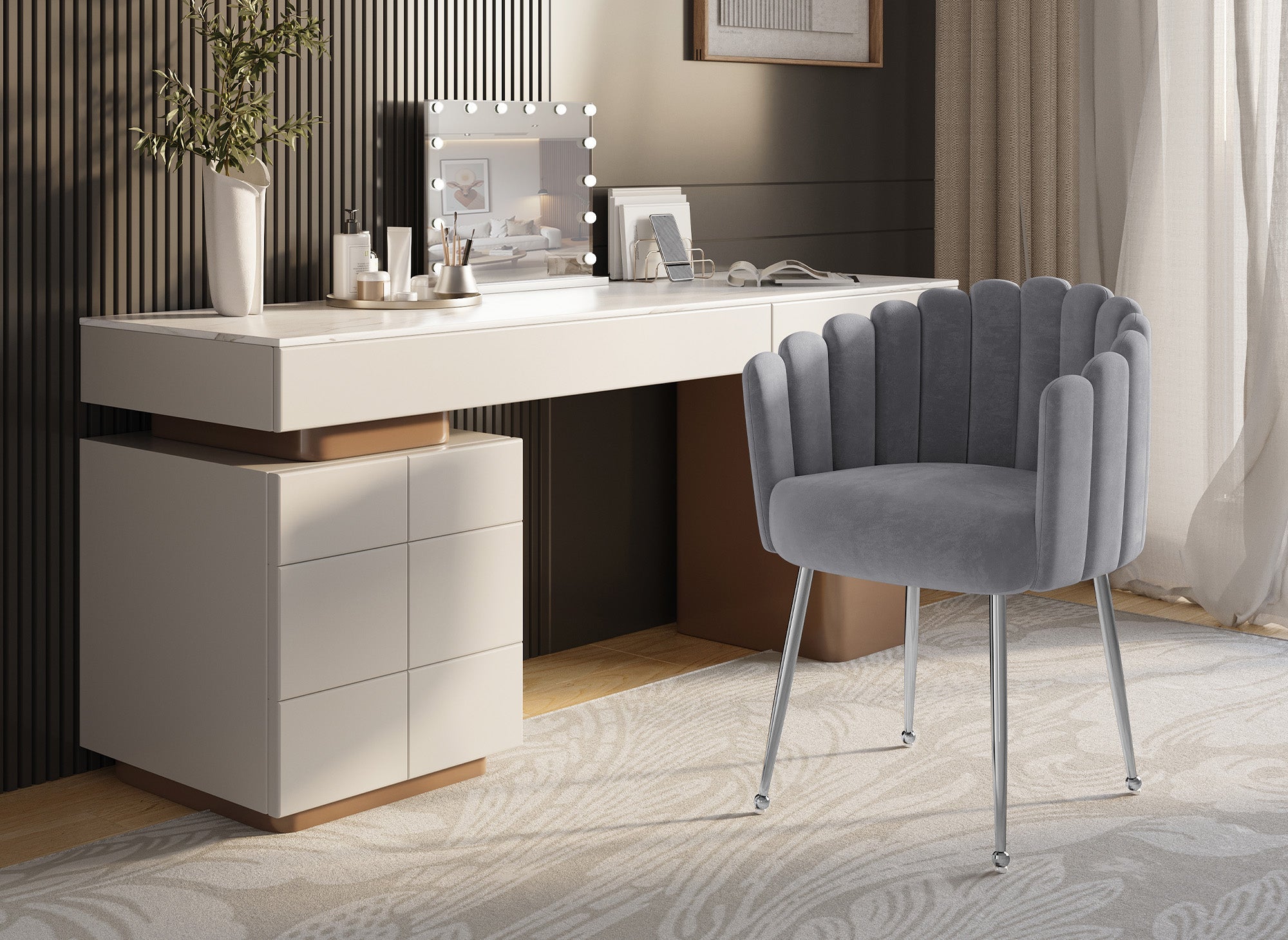 Chaise en velours gris pieds en métal argenté HAYDEN