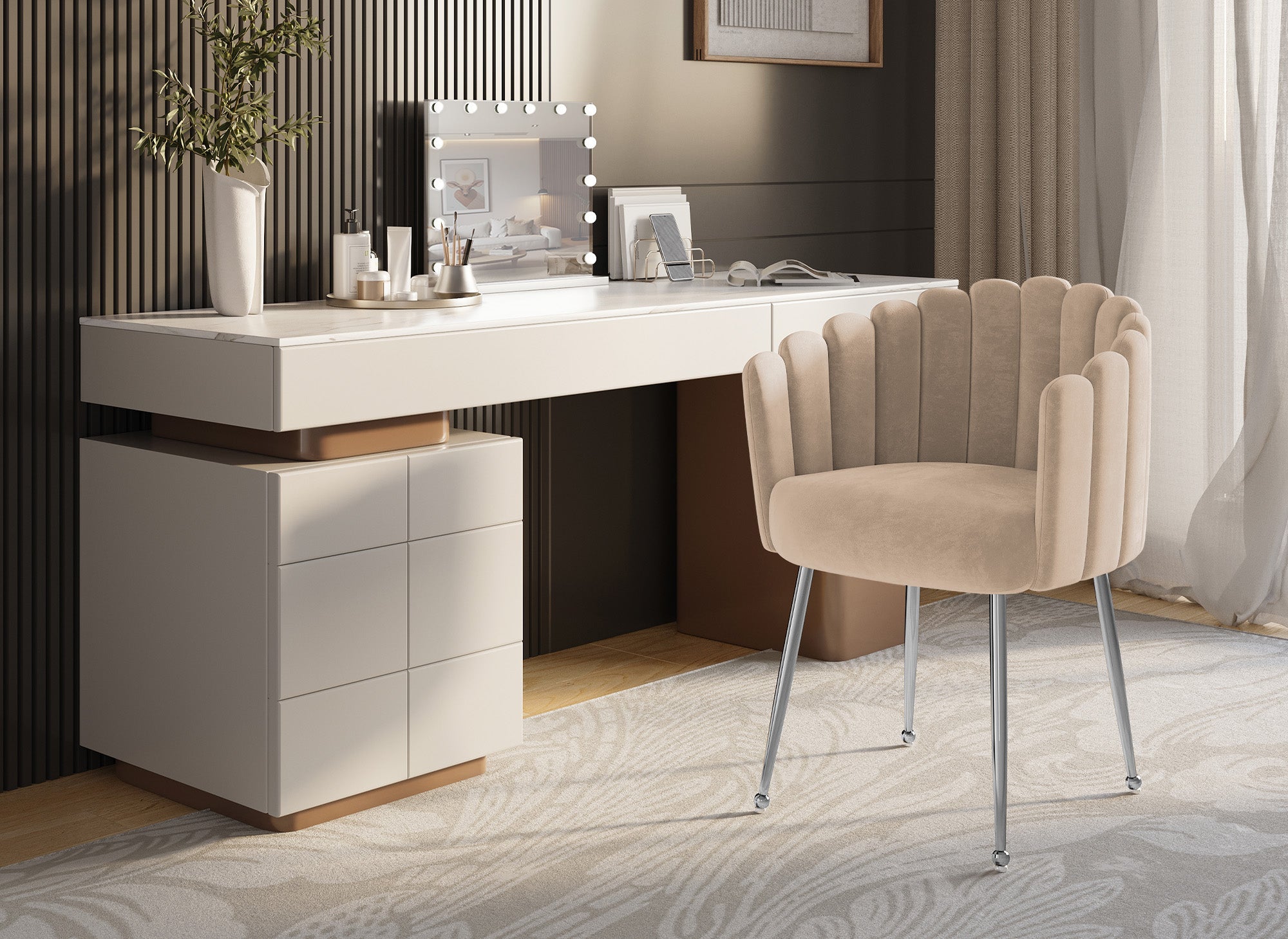 Chaise en velours beige pieds en métal argenté HAYDEN