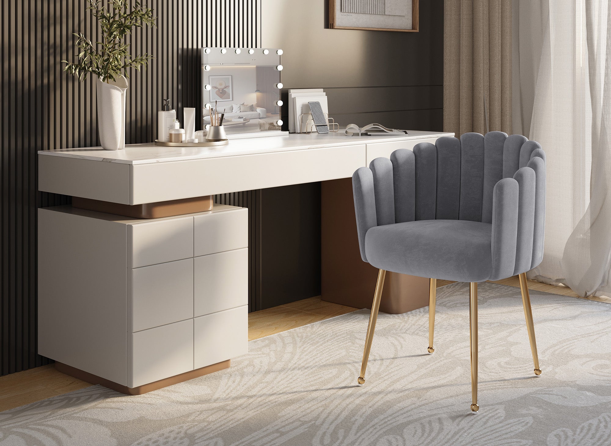 Chaise en velours gris pieds en métal doré HAYDEN