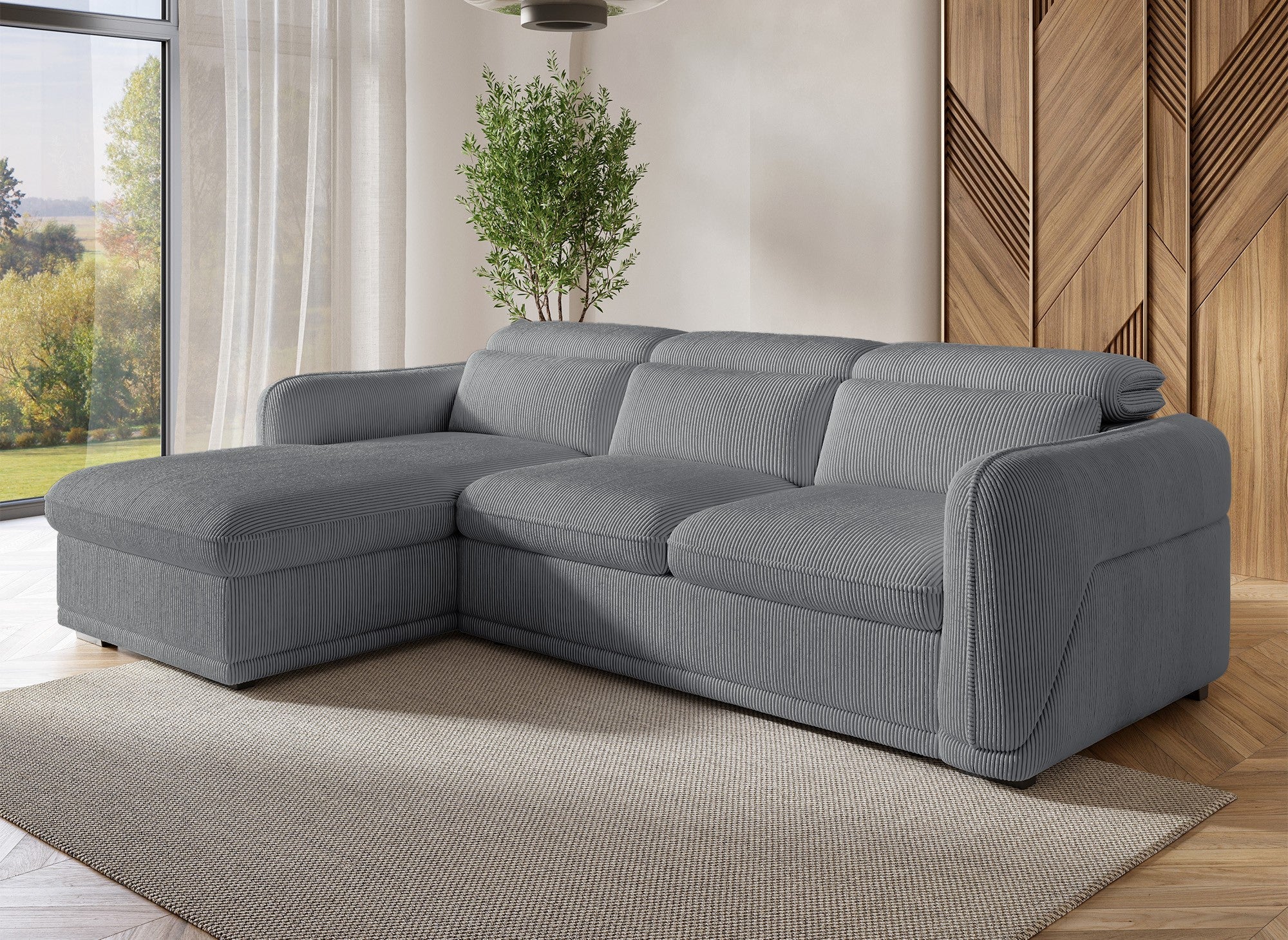 Canapé d'angle gauche convertible avec coffre en velours côtelé épais gris PETUNIA - Angle gauche