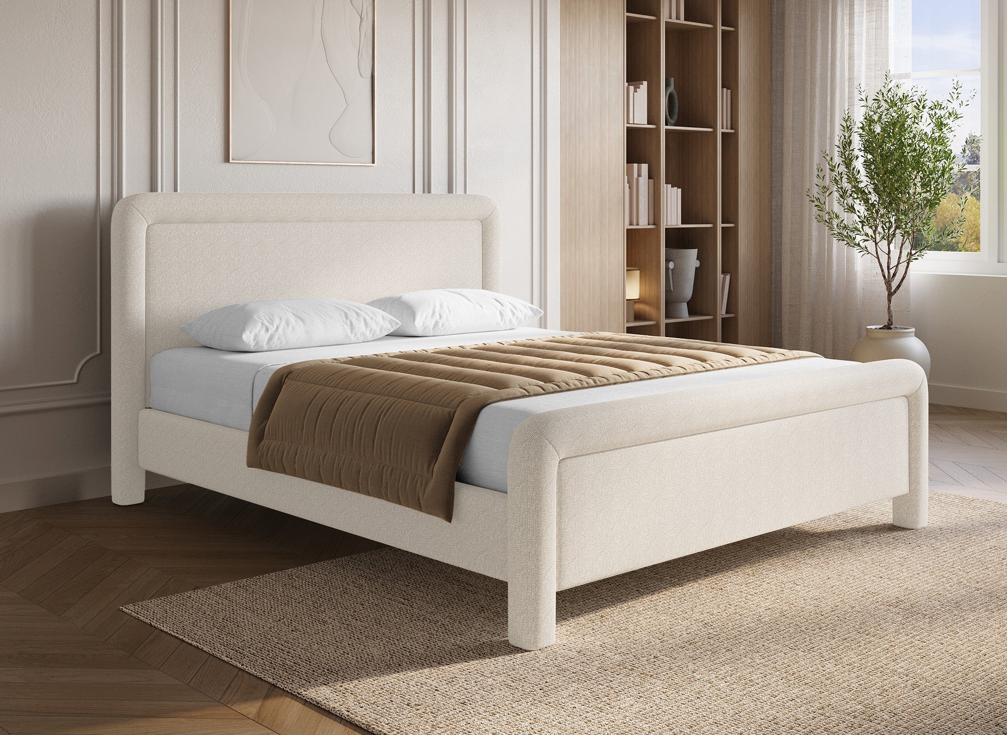 Lit double en tissu doux beige 160 x200 cm ANELA