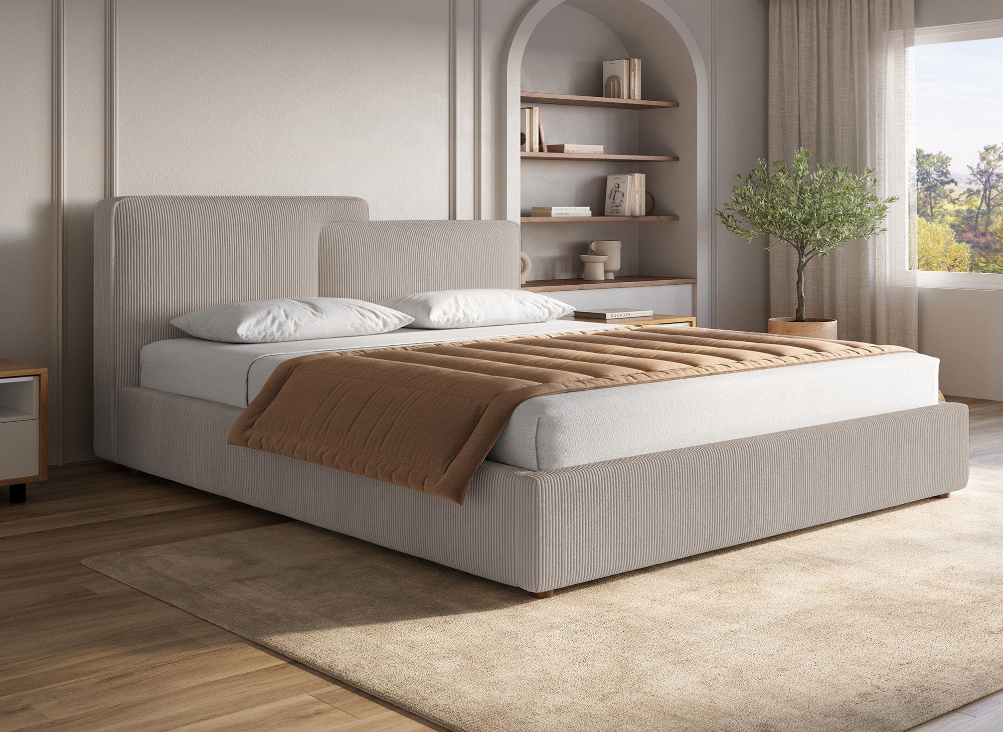 Lit coffre en velours côtelé taupe 180x200 cm ZELIA