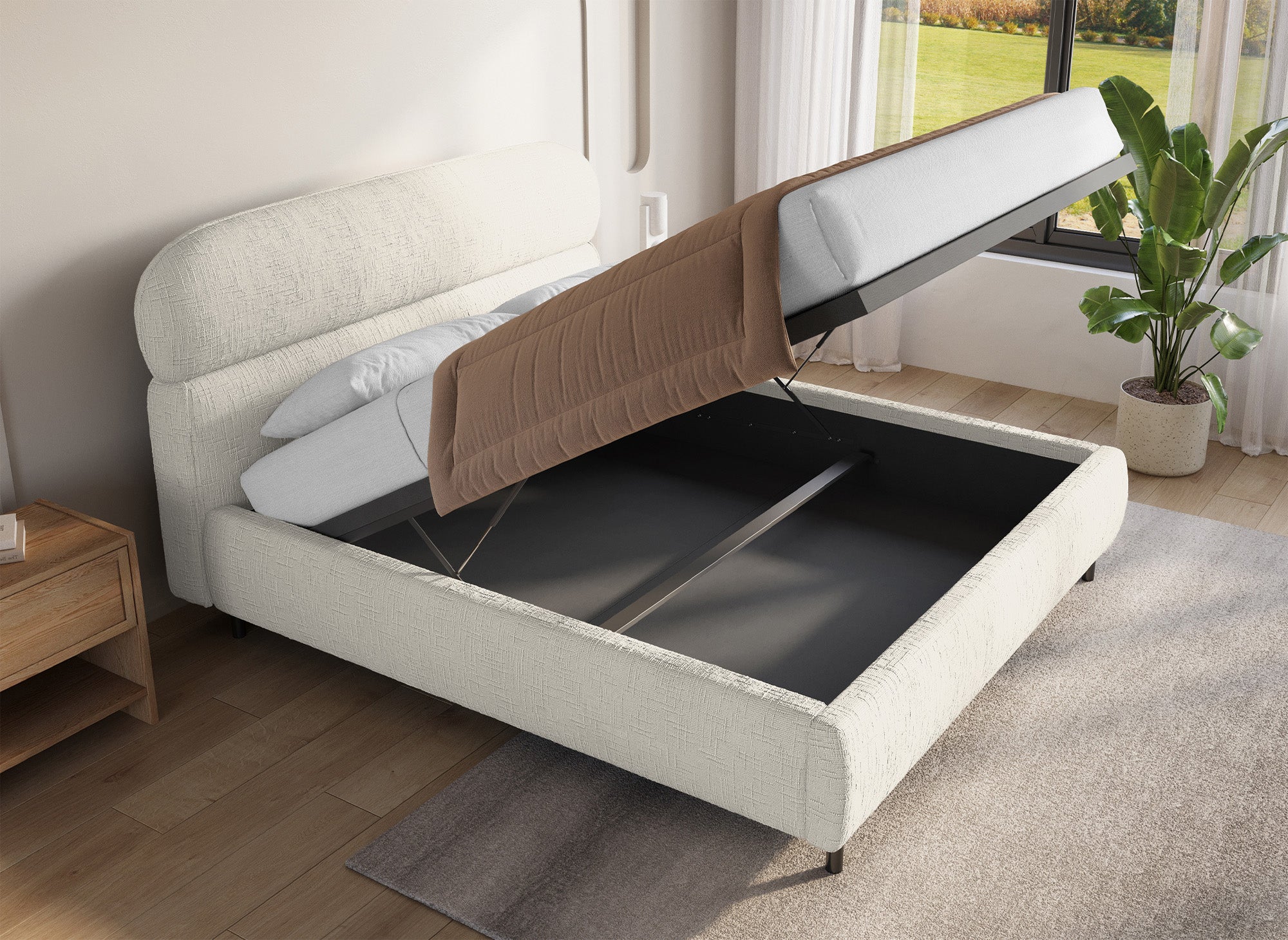 Lit coffre en velours chiné beige 180x200cm MELO