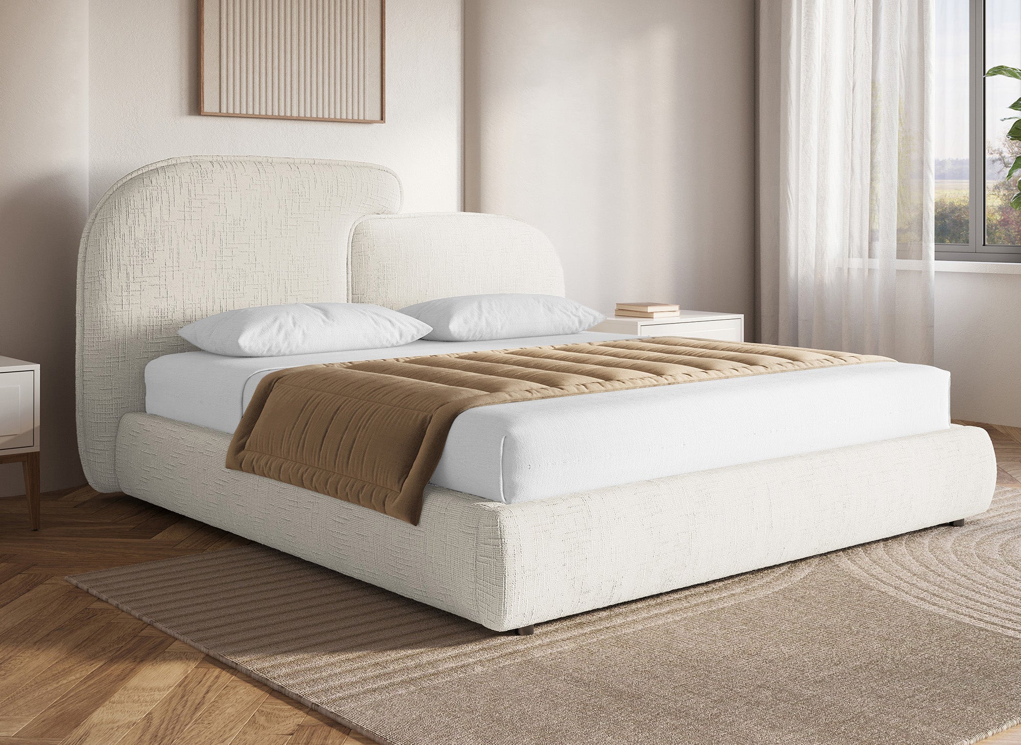 Lit coffre en velours chiné beige 180x200 cm MILENA