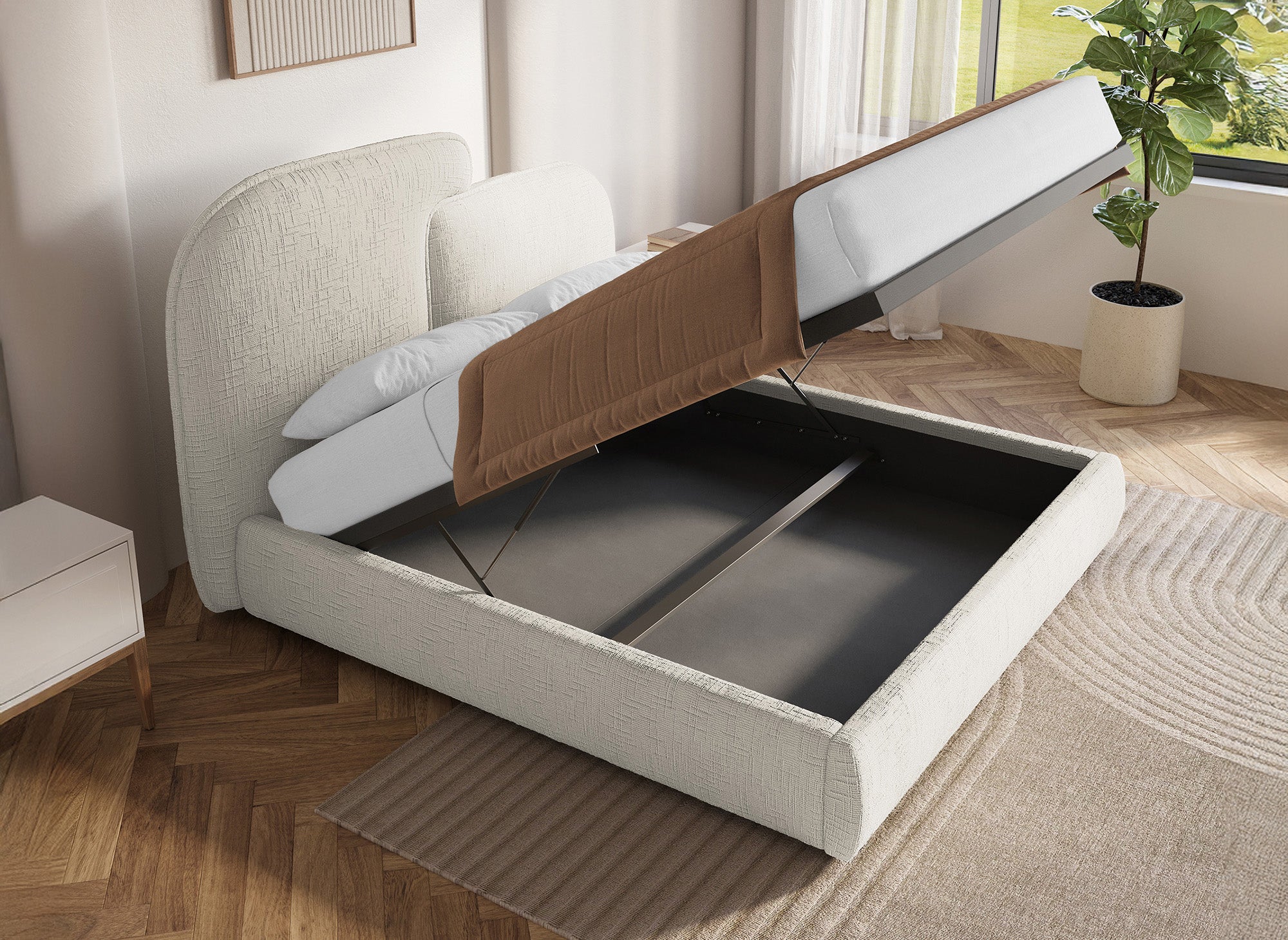 Lit coffre en velours chiné beige 140x190 cm MILENA