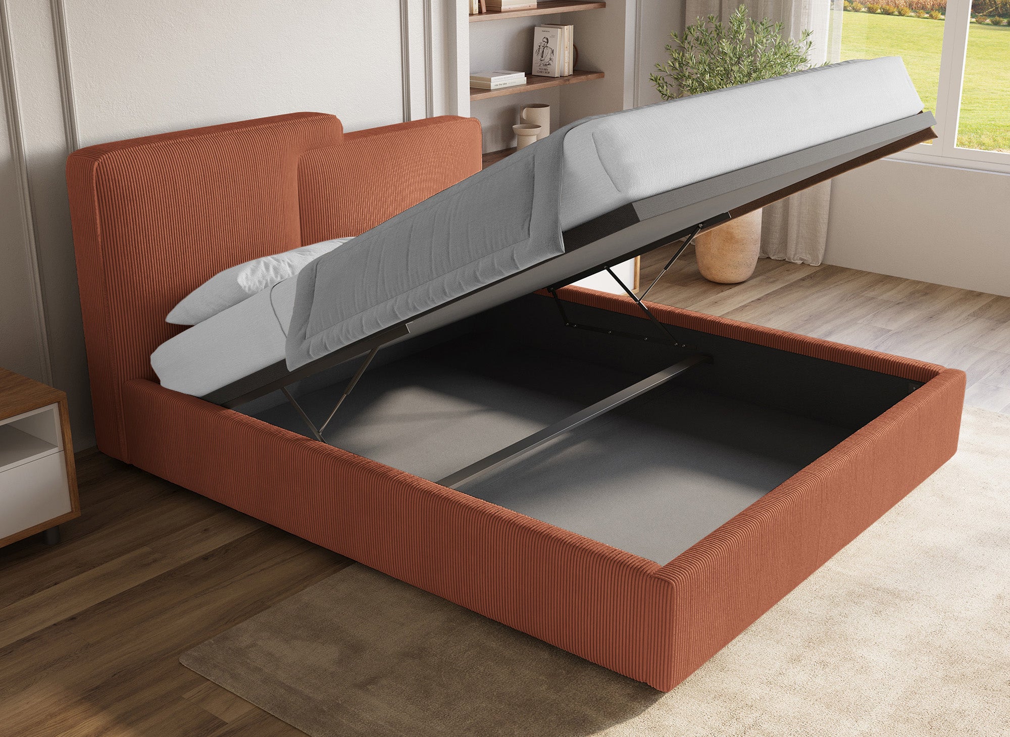 Lit coffre en velours côtelé terracotta 180x200 cm ZELIA