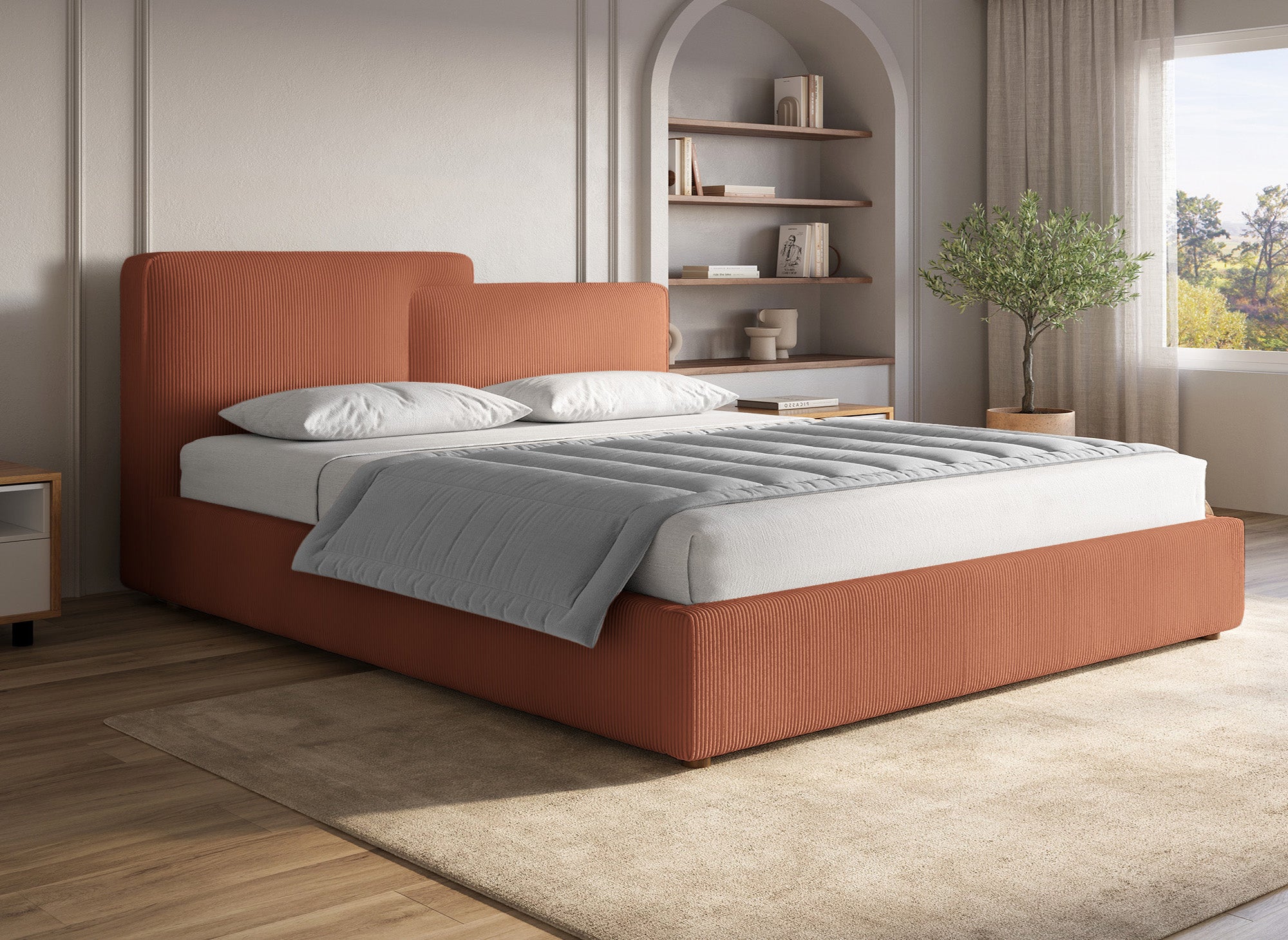 Lit coffre en velours côtelé terracotta 180x200 cm ZELIA