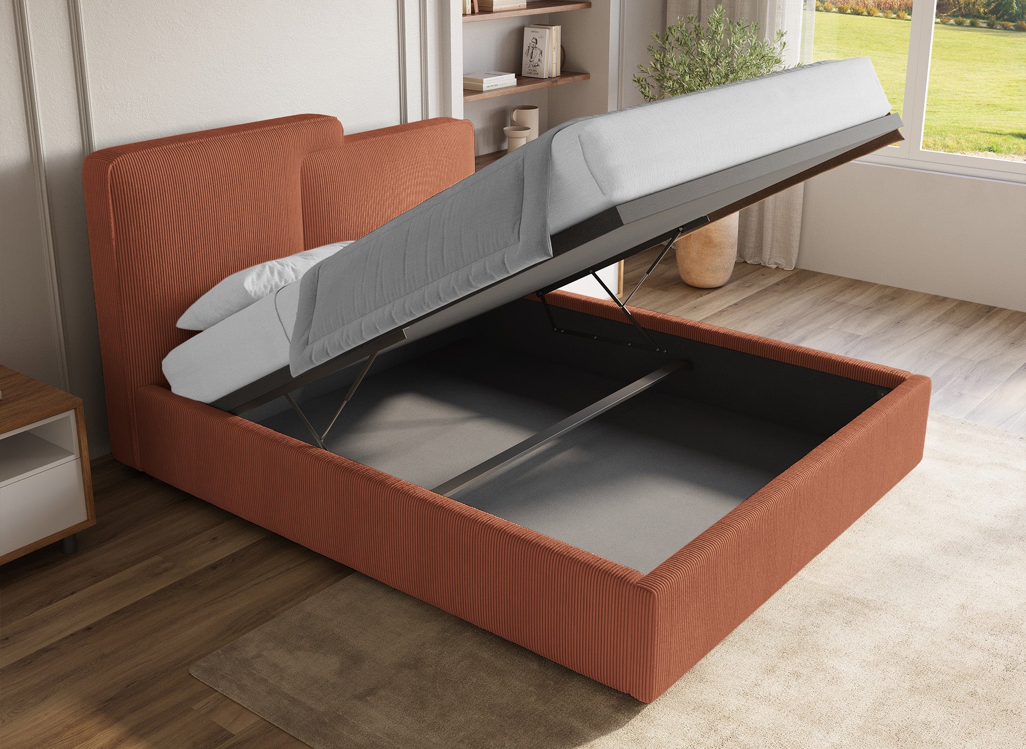 Lit coffre en velours côtelé terracotta 160x200 cm ZELIA