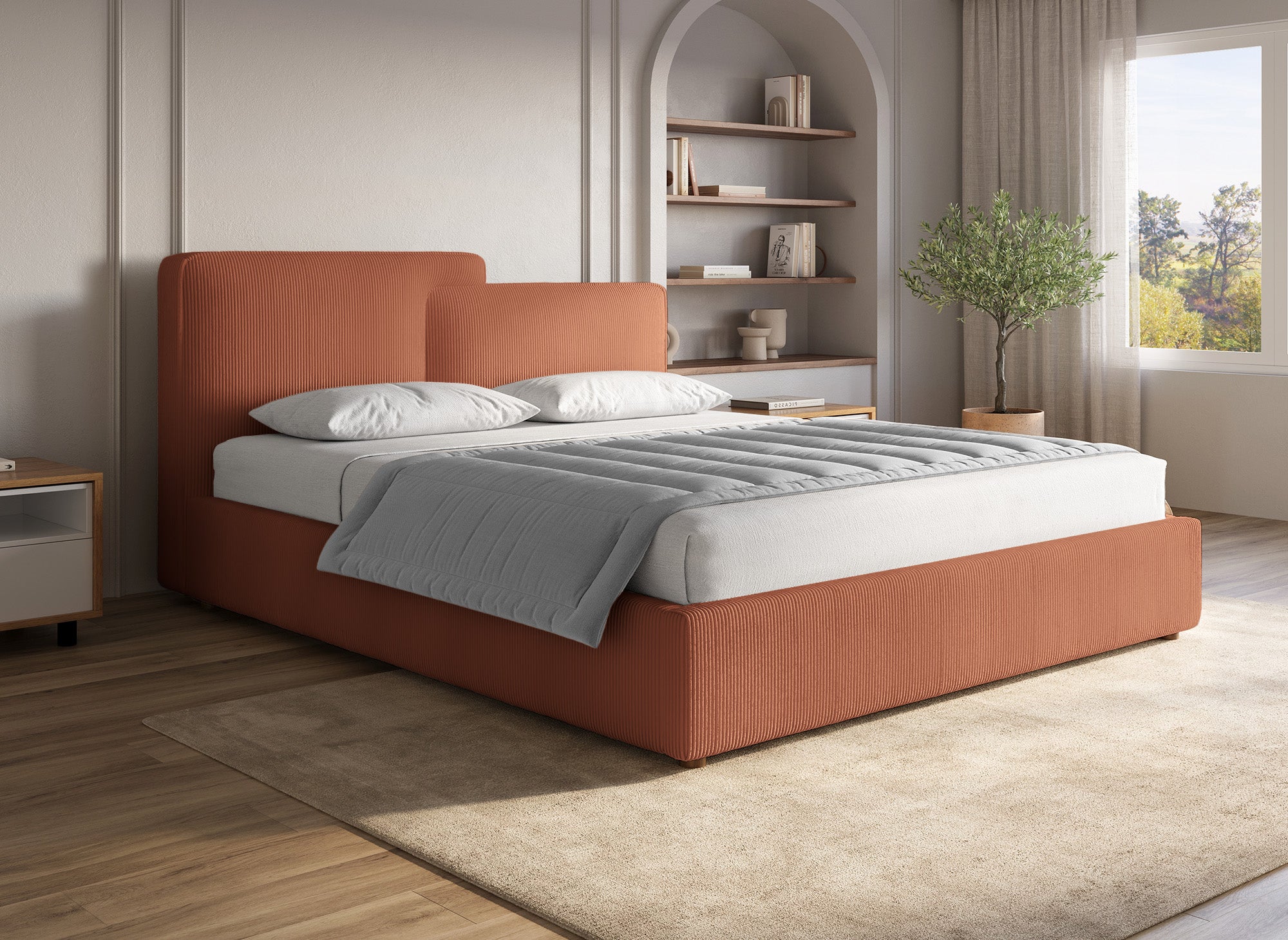 Lit coffre en velours côtelé terracotta 160x200 cm ZELIA