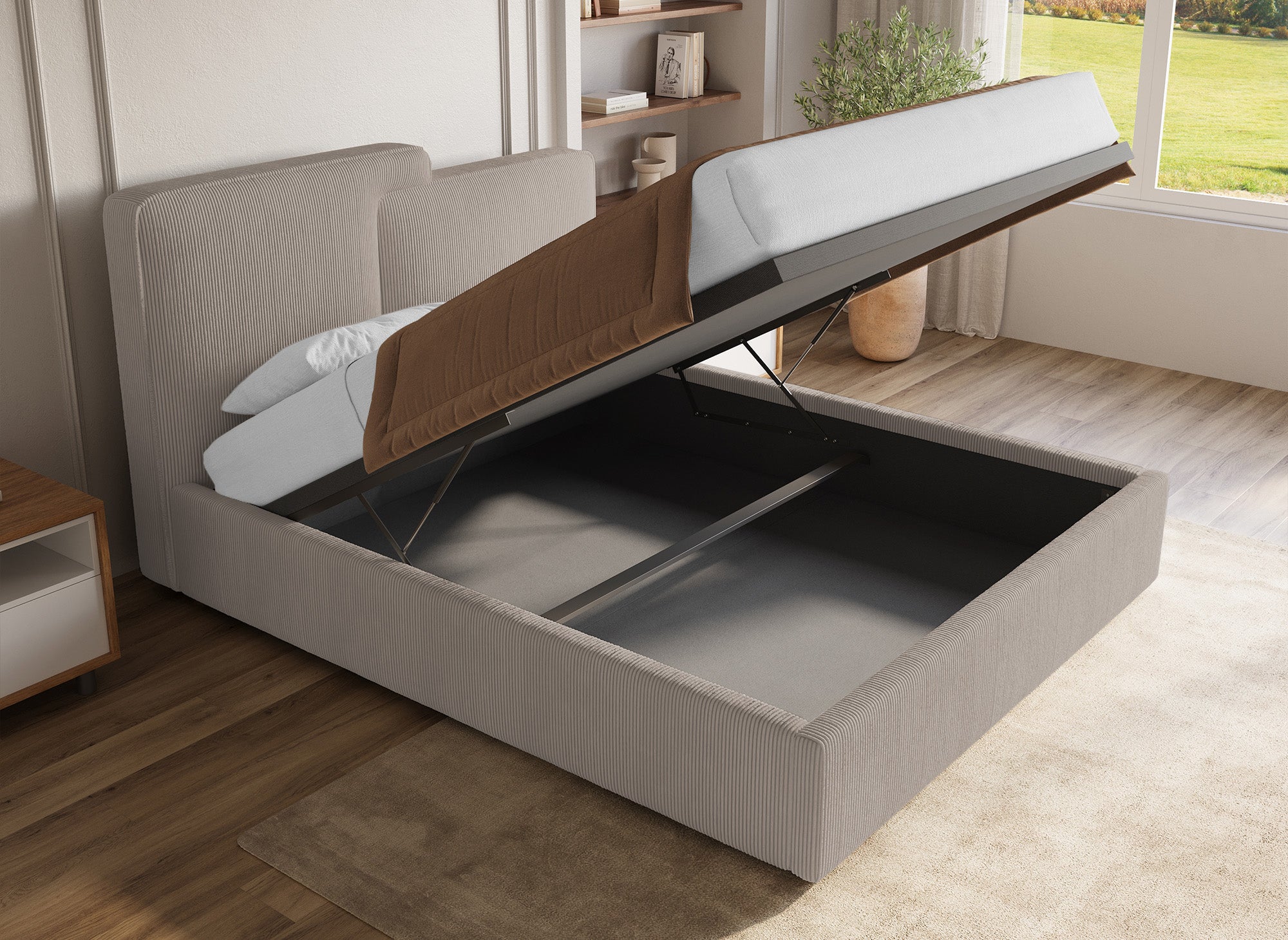 Lit coffre en velours côtelé taupe 160x200 cm ZELIA