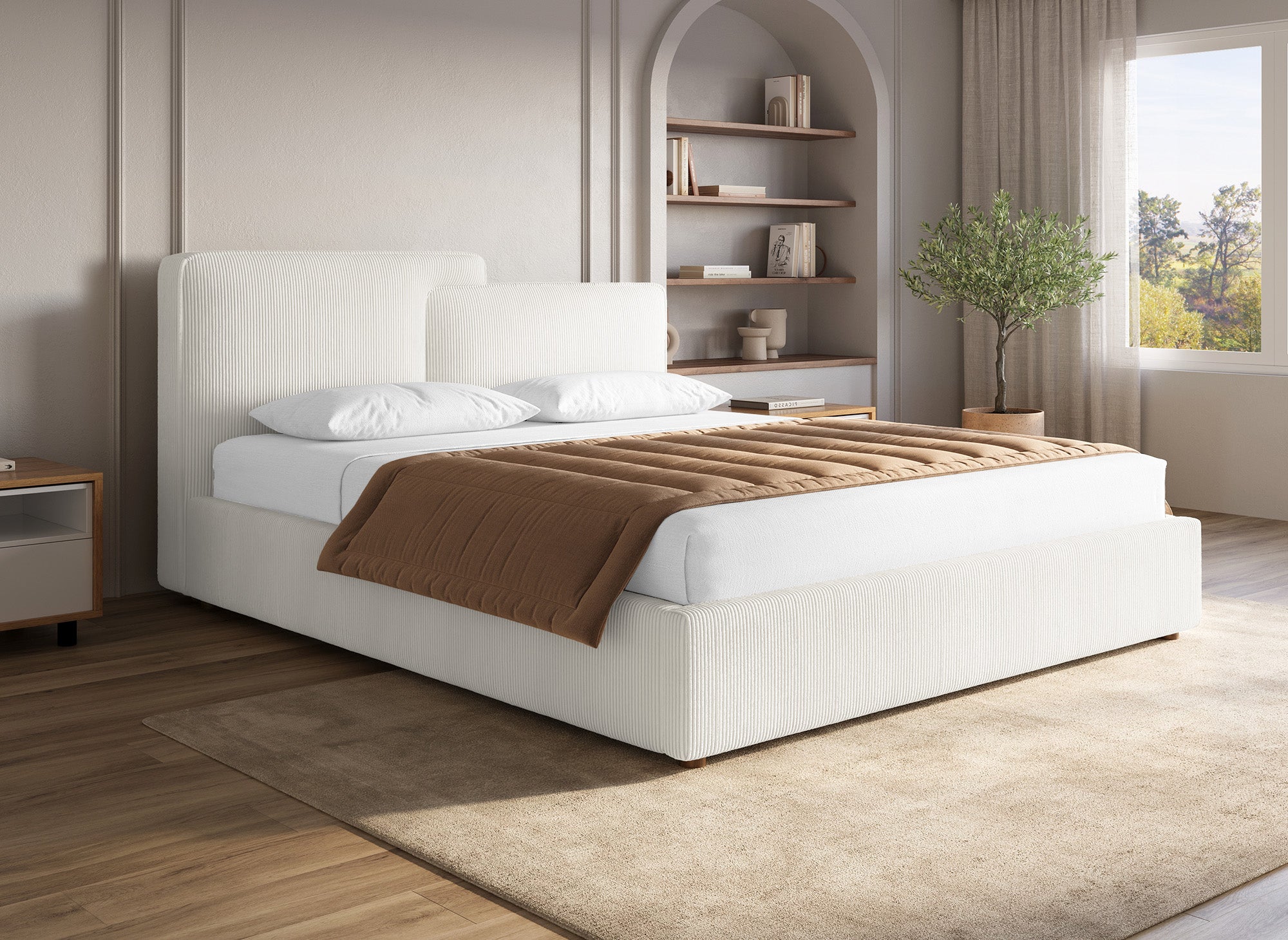 Lit coffre en velours côtelé écru 160x200 cm ZELIA