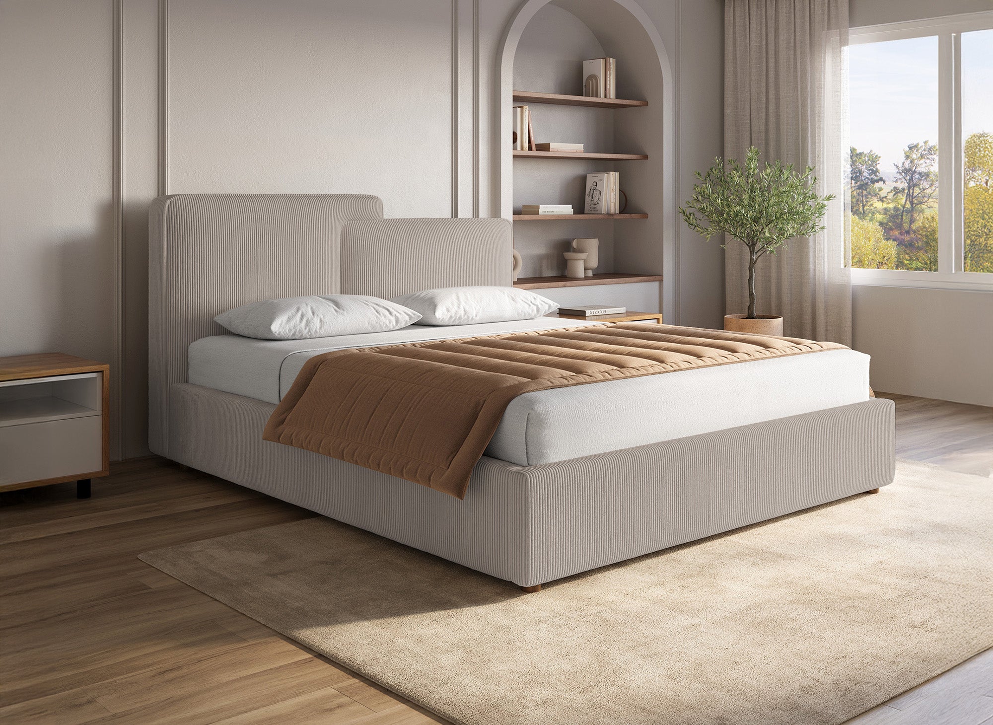 Lit coffre en velours côtelé taupe 140x190 cm ZELIA