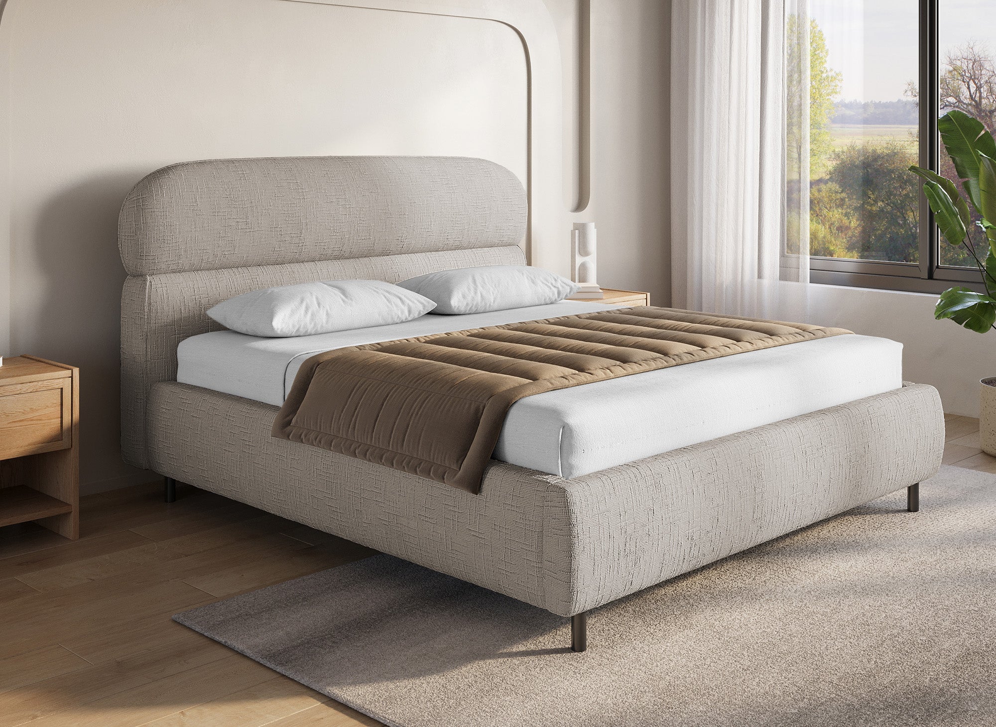 Lit coffre en velours chiné taupe 160x200cm MELO