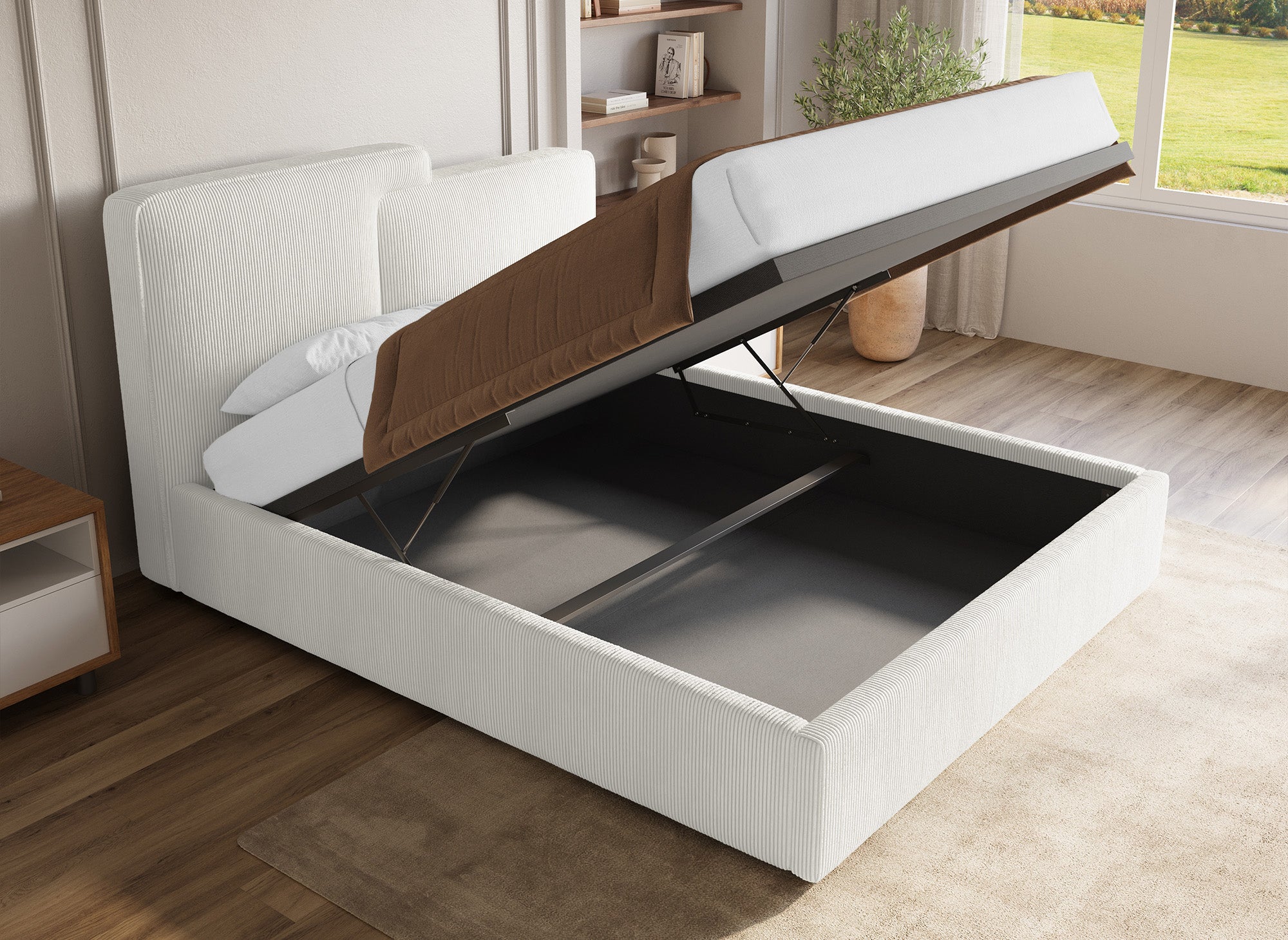 Lit coffre en velours côtelé écru 160x200 cm ZELIA