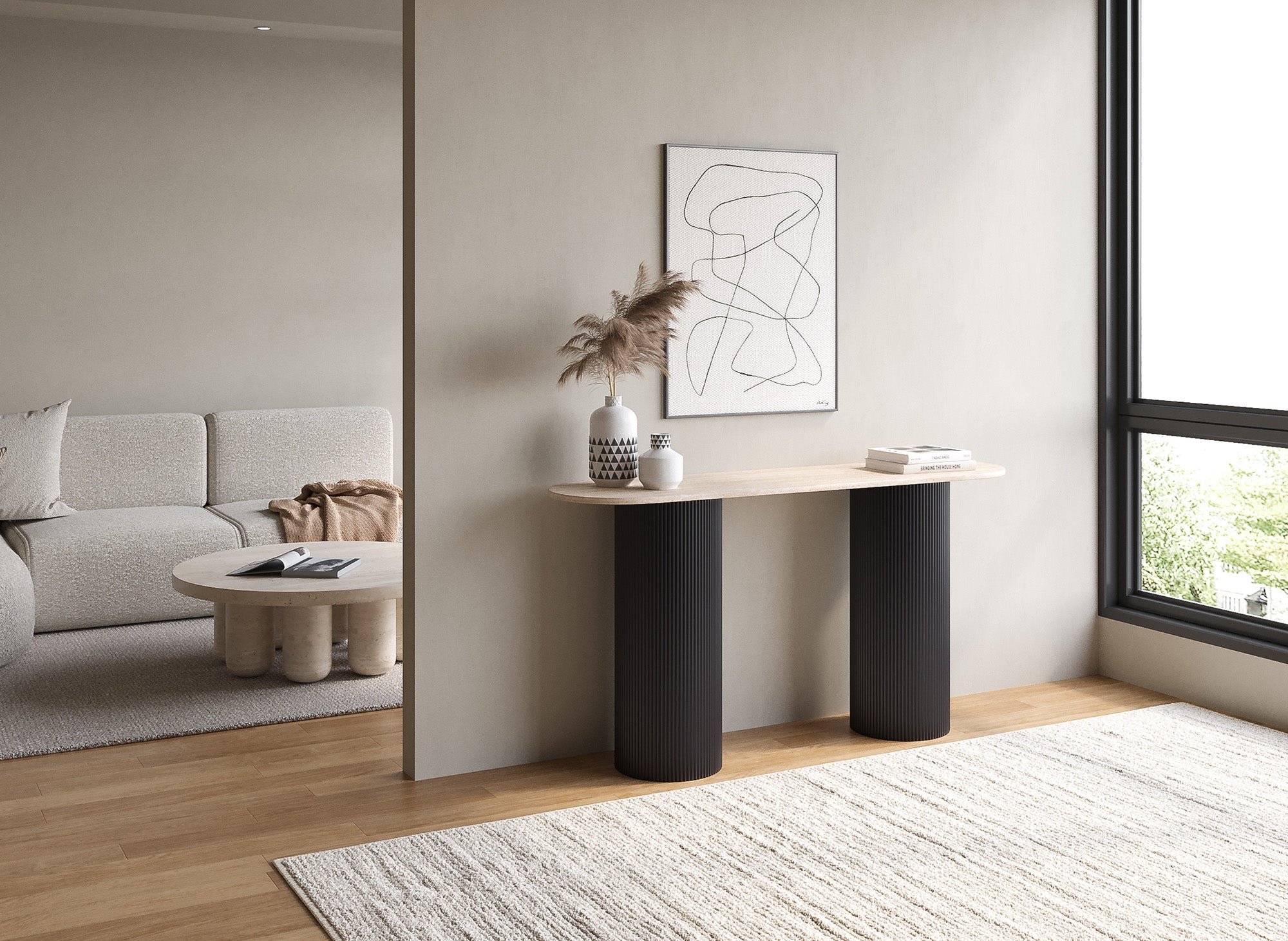 Console en marbre composite beige pieds noir DHARA BLACK