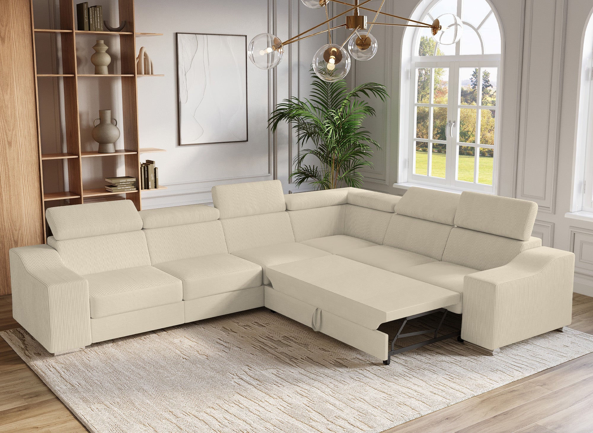 Canapé d'angle convertible réversible en velours côtelé beige LEONIE