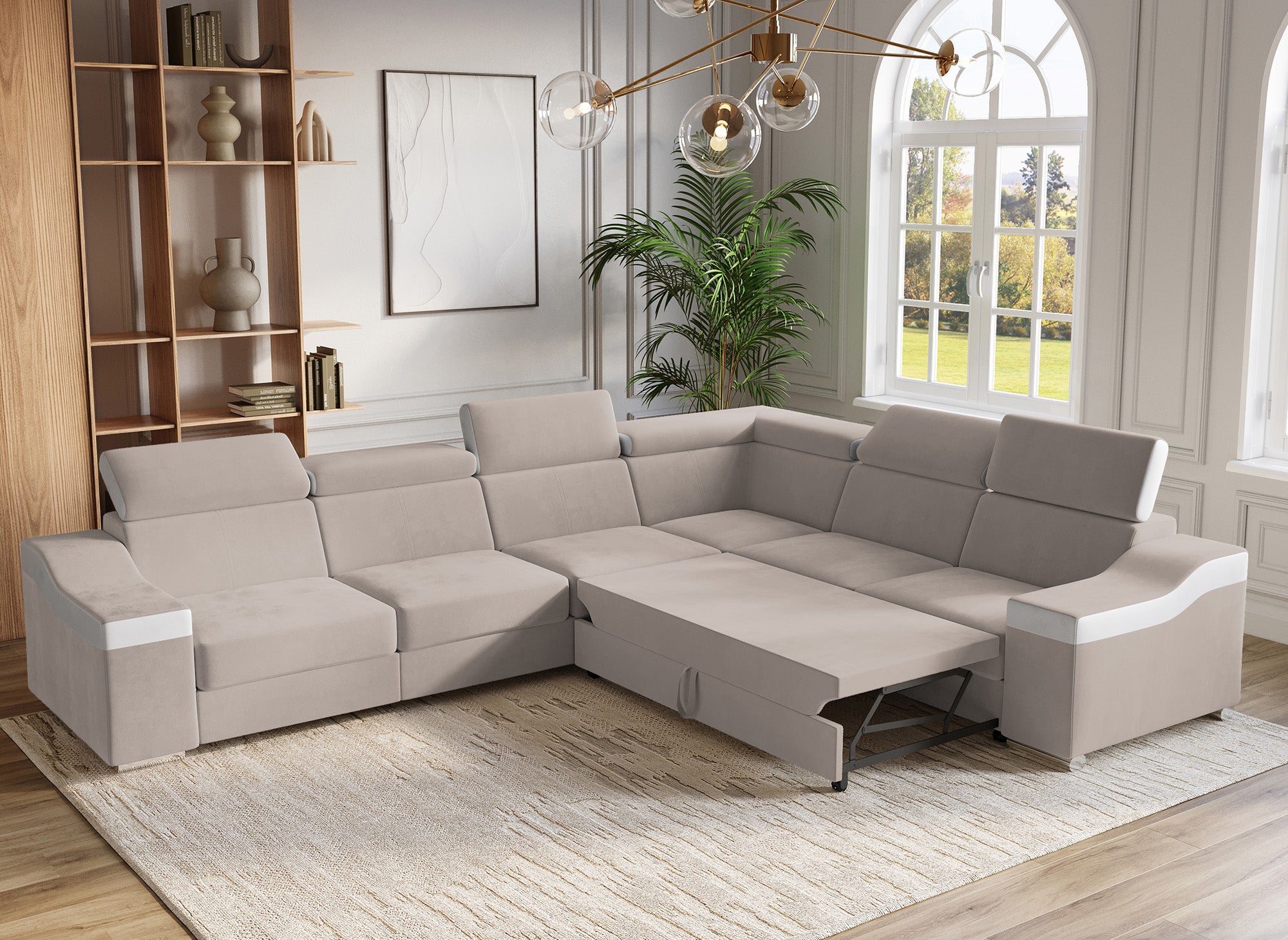 Canapé d'angle convertible réversible en velours beige et simili cuir blanc LEONIE