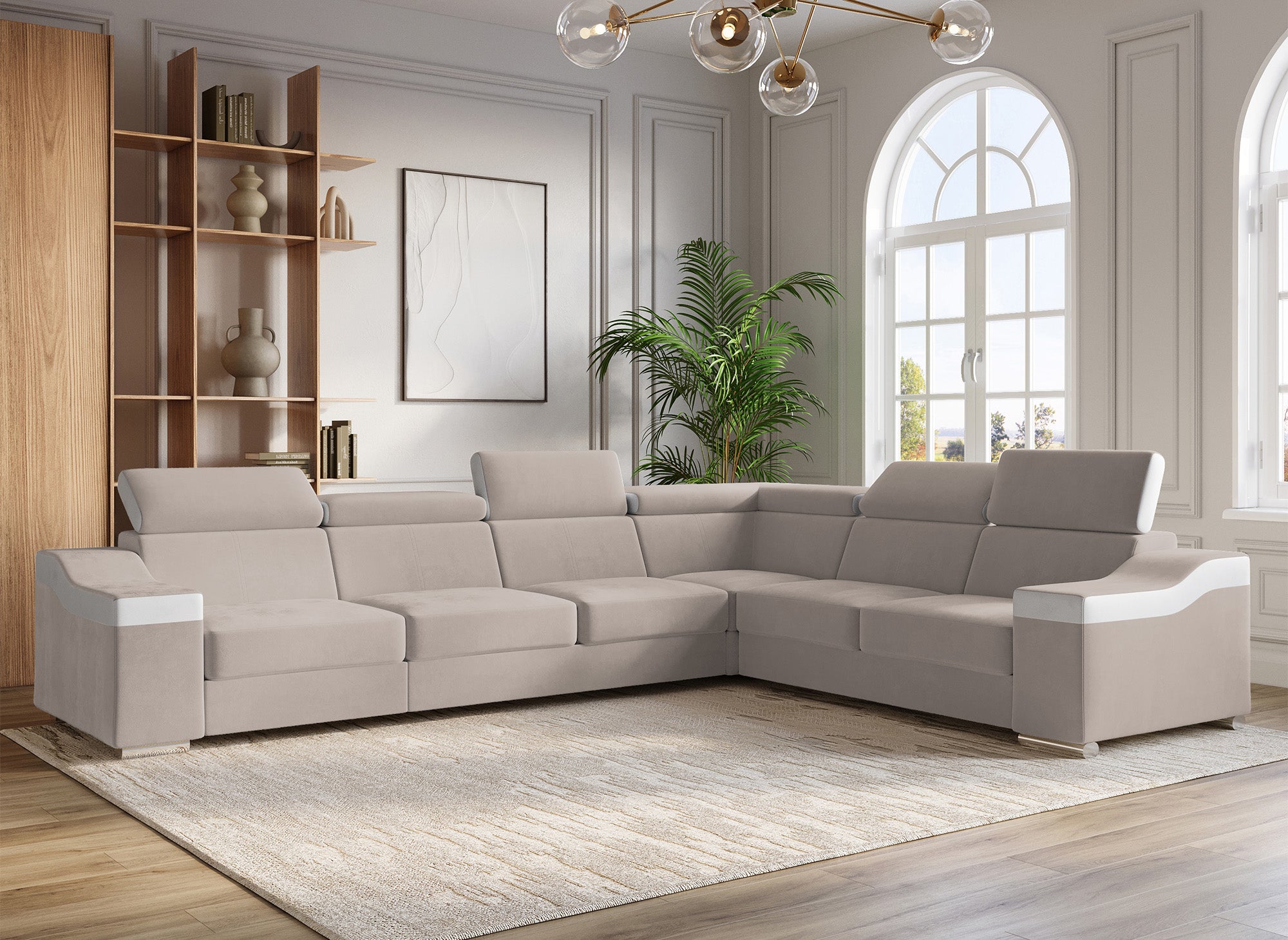 Canapé d'angle convertible réversible en velours beige et simili cuir blanc LEONIE