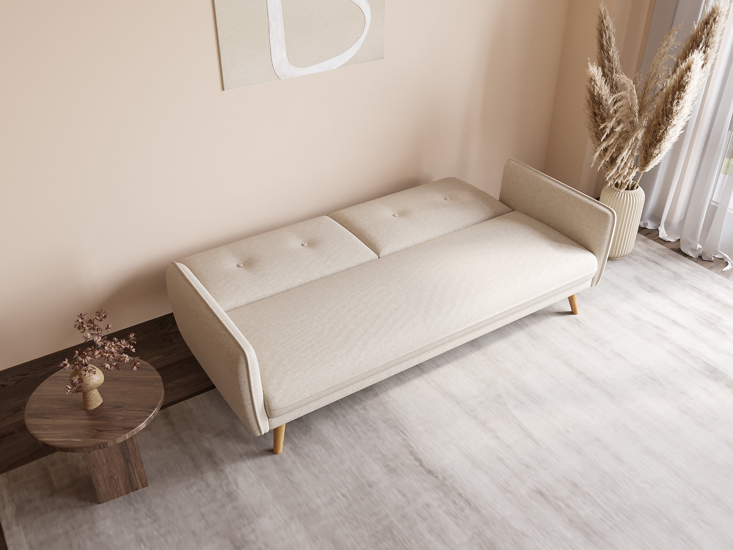 Canapé clic clac en tissu beige avec pieds en bois NATAL