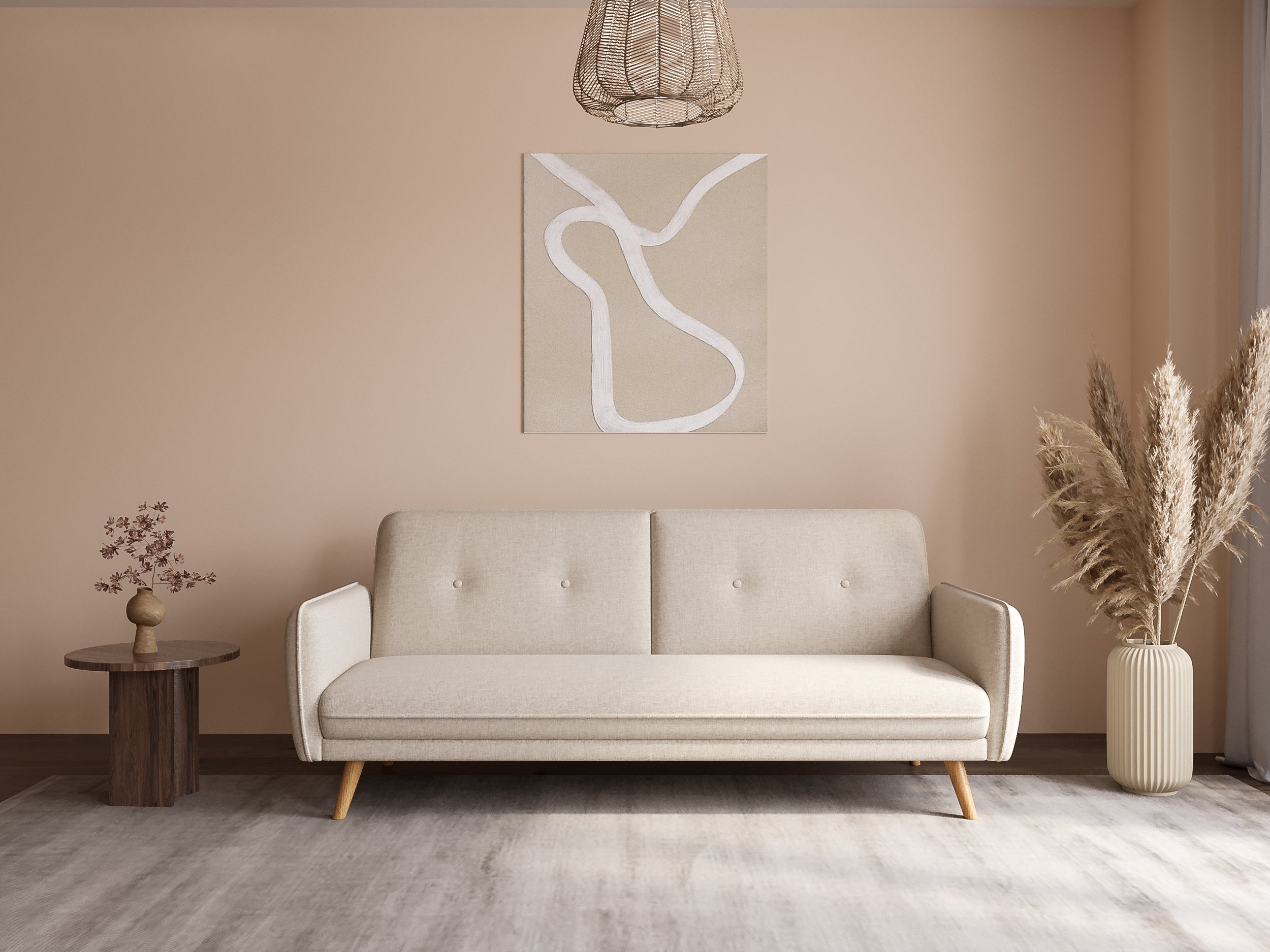 Canapé clic clac en tissu beige avec pieds en bois NATAL