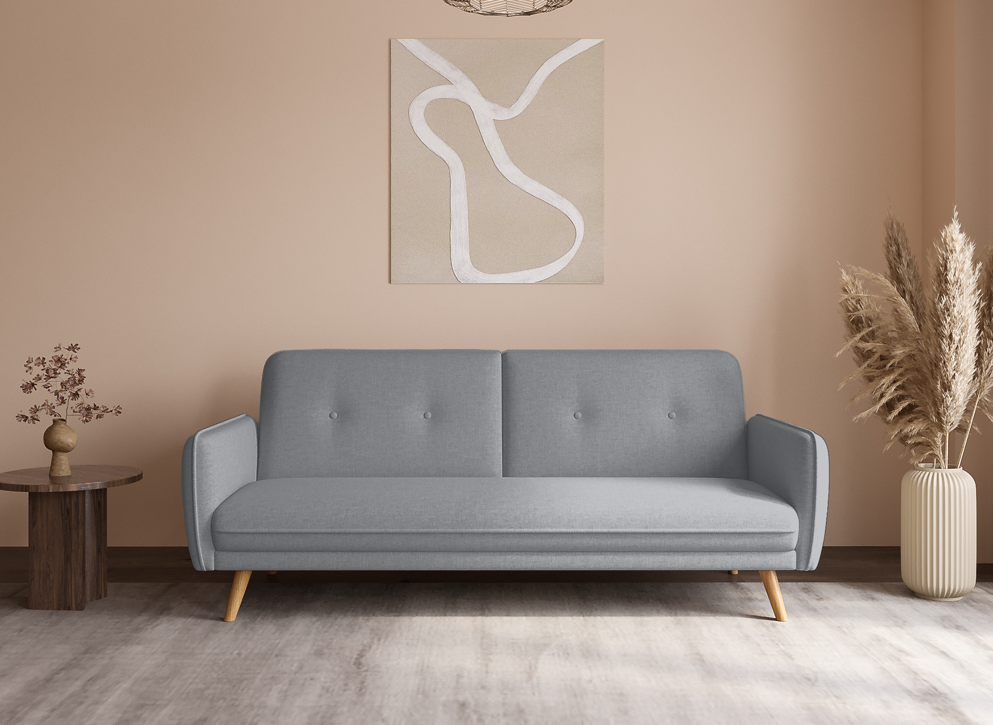 Canapé clic clac en tissu gris clair avec pieds en bois NATAL