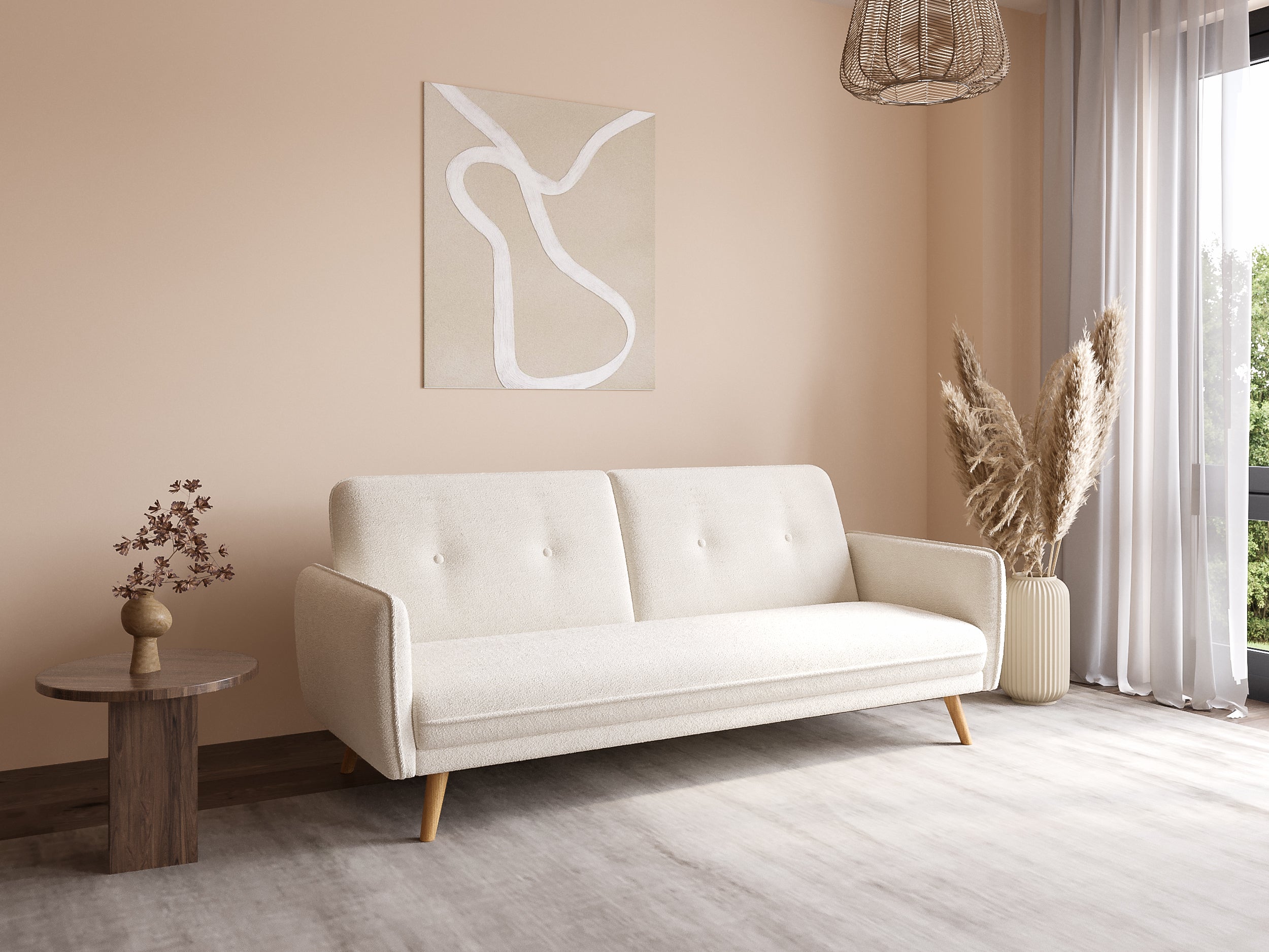 Canapé clic clac en tissu bouclette blanc écru avec pieds en bois NATAL