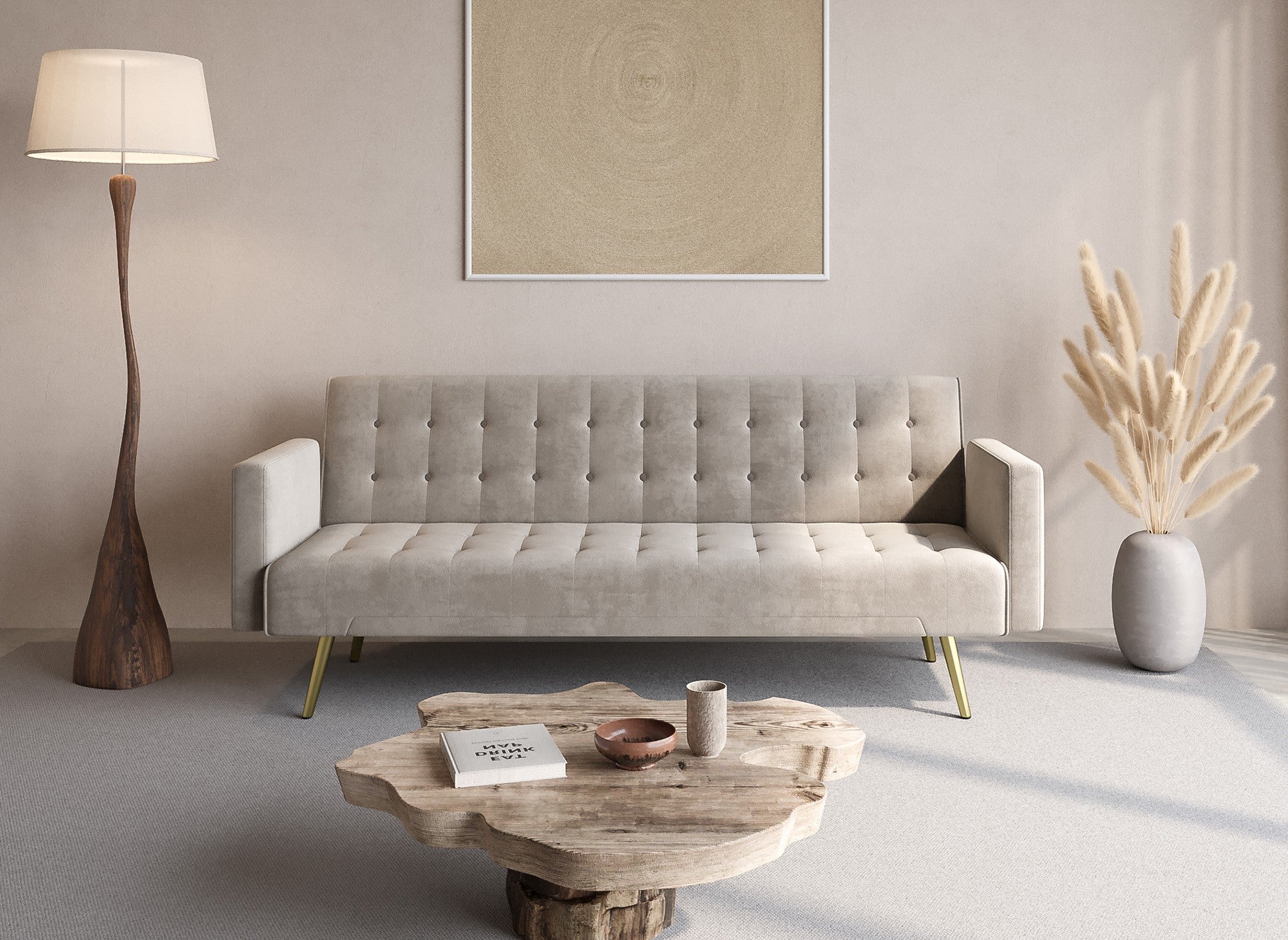 Divano Click Clac in velluto beige con gambe in metallo dorato CHICAGO