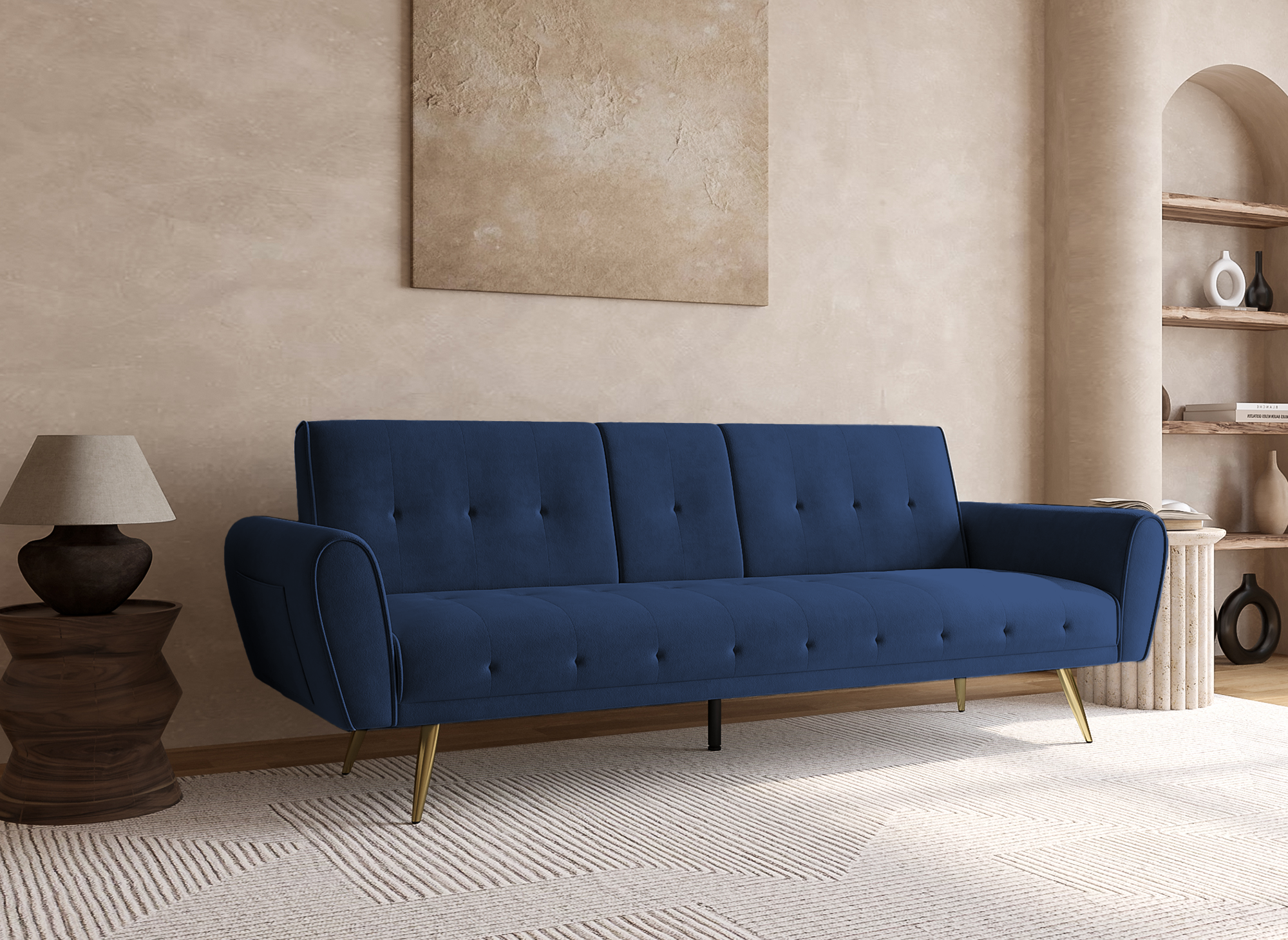 Canapé clic clac en velours bleu foncé avec porte-gobelet LIMA