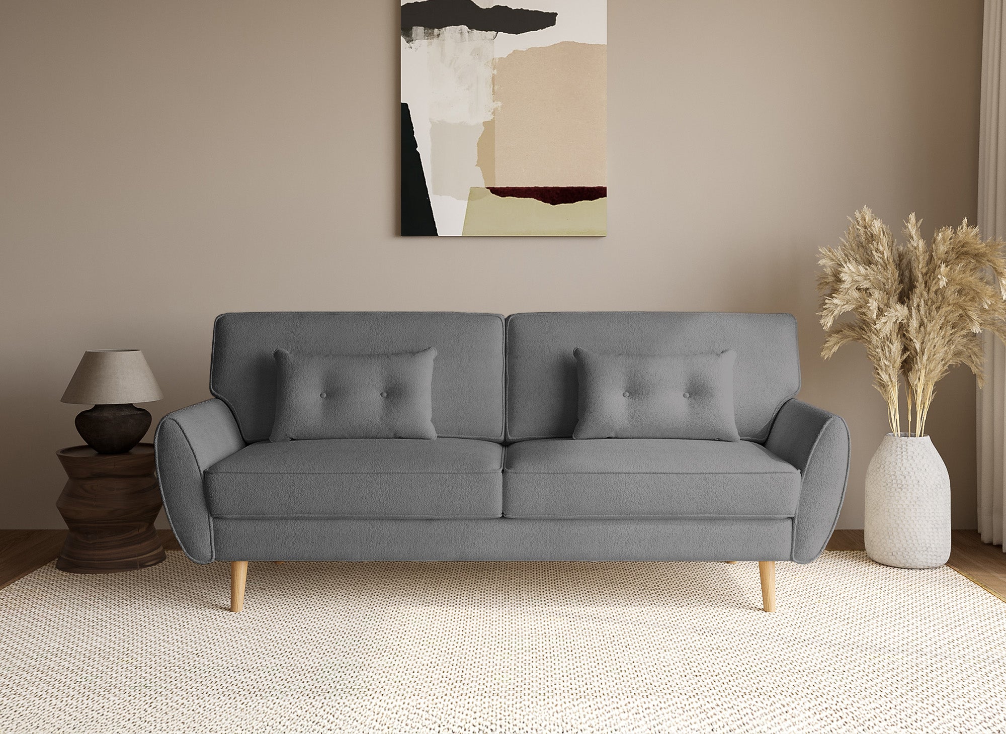 Canapé clic clac en tissu bouclette gris avec pieds en bois PANAMA