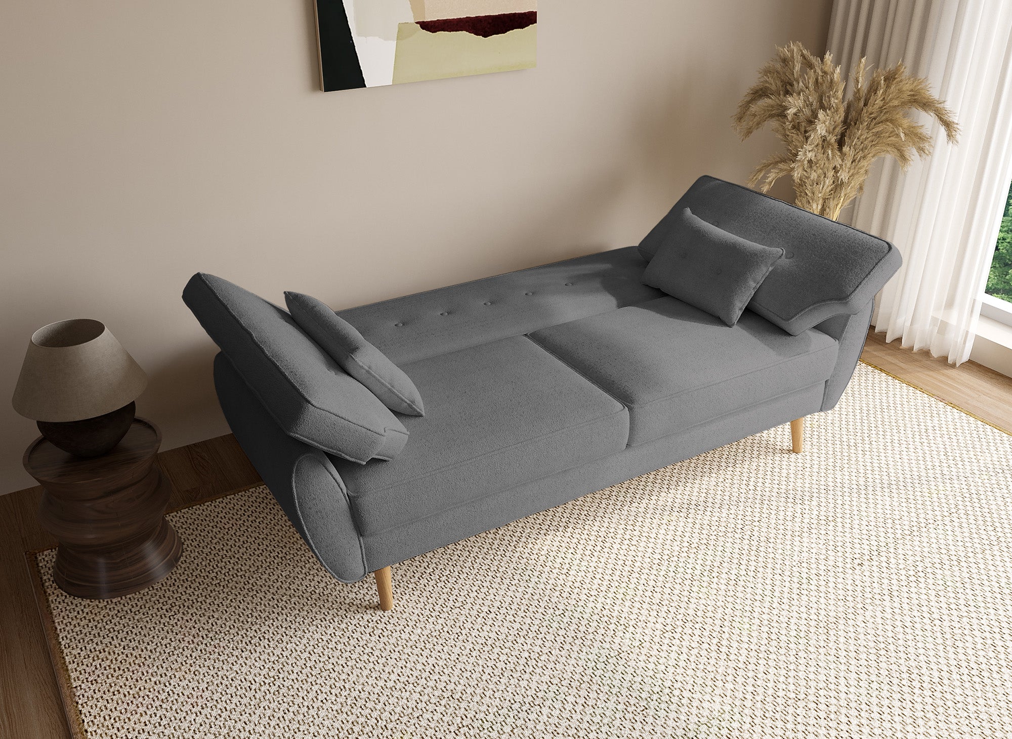 Canapé clic clac en tissu bouclette gris avec pieds en bois PANAMA