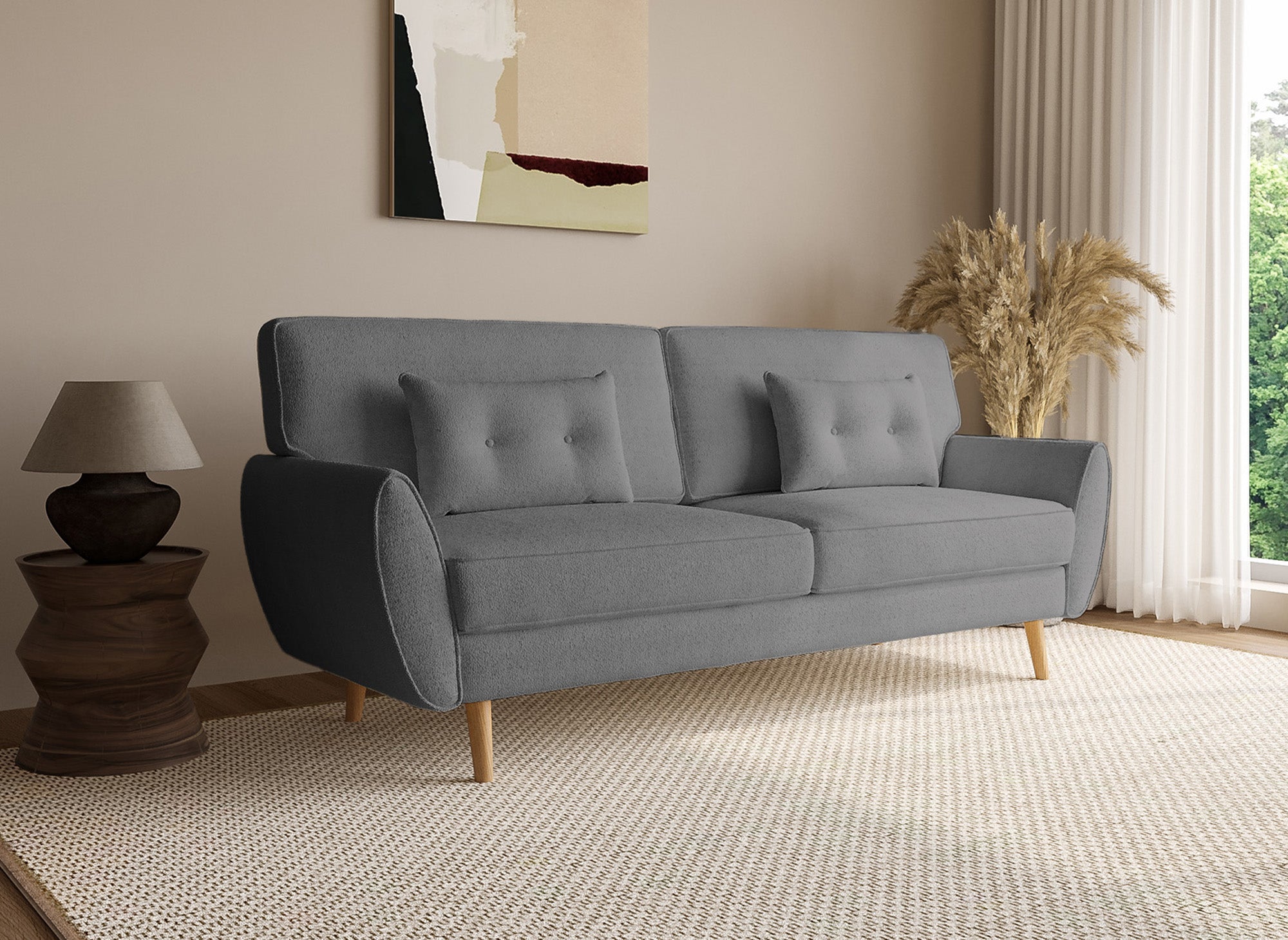 Canapé clic clac en tissu bouclette gris avec pieds en bois PANAMA