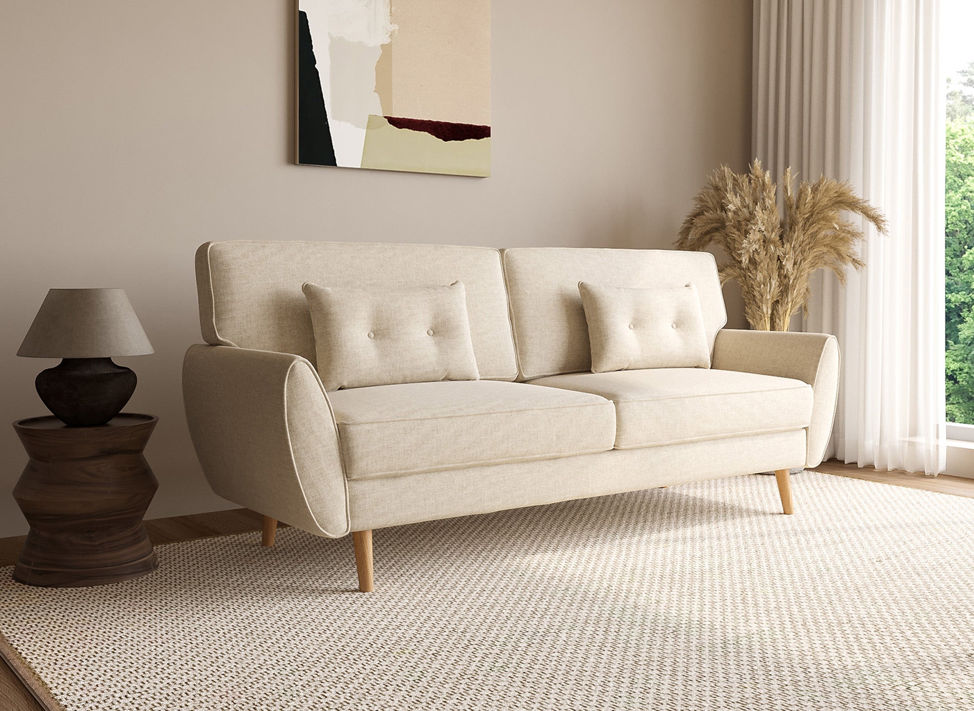 Canapé clic clac en tissu beige avec pieds en bois PANAMA