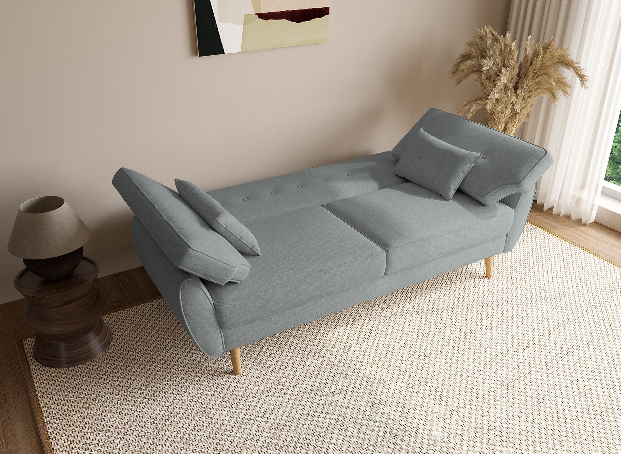 Canapé clic clac en tissu gris clair avec pieds en bois PANAMA