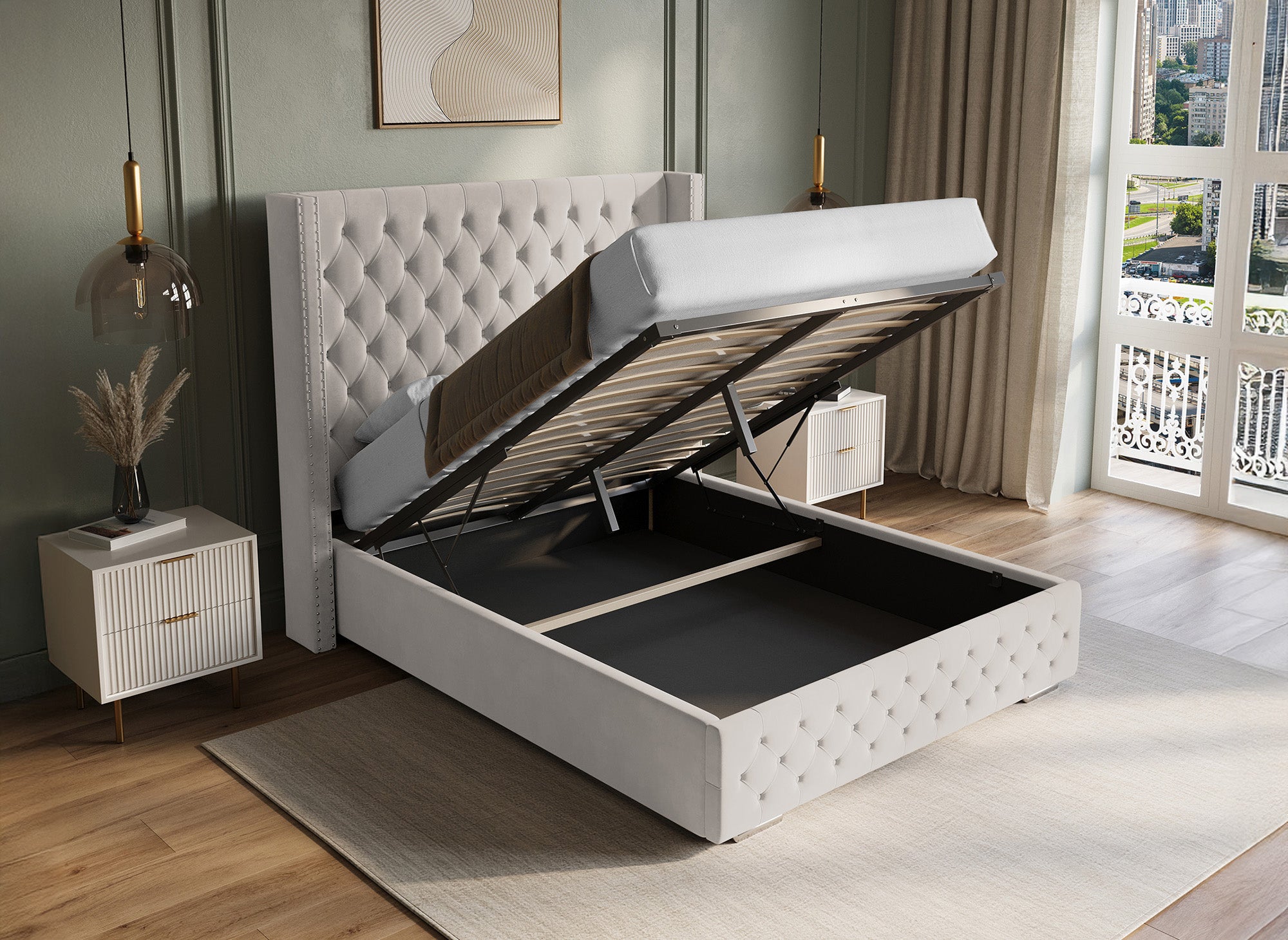 Lit coffre en velours beige 140x190 cm MAXI