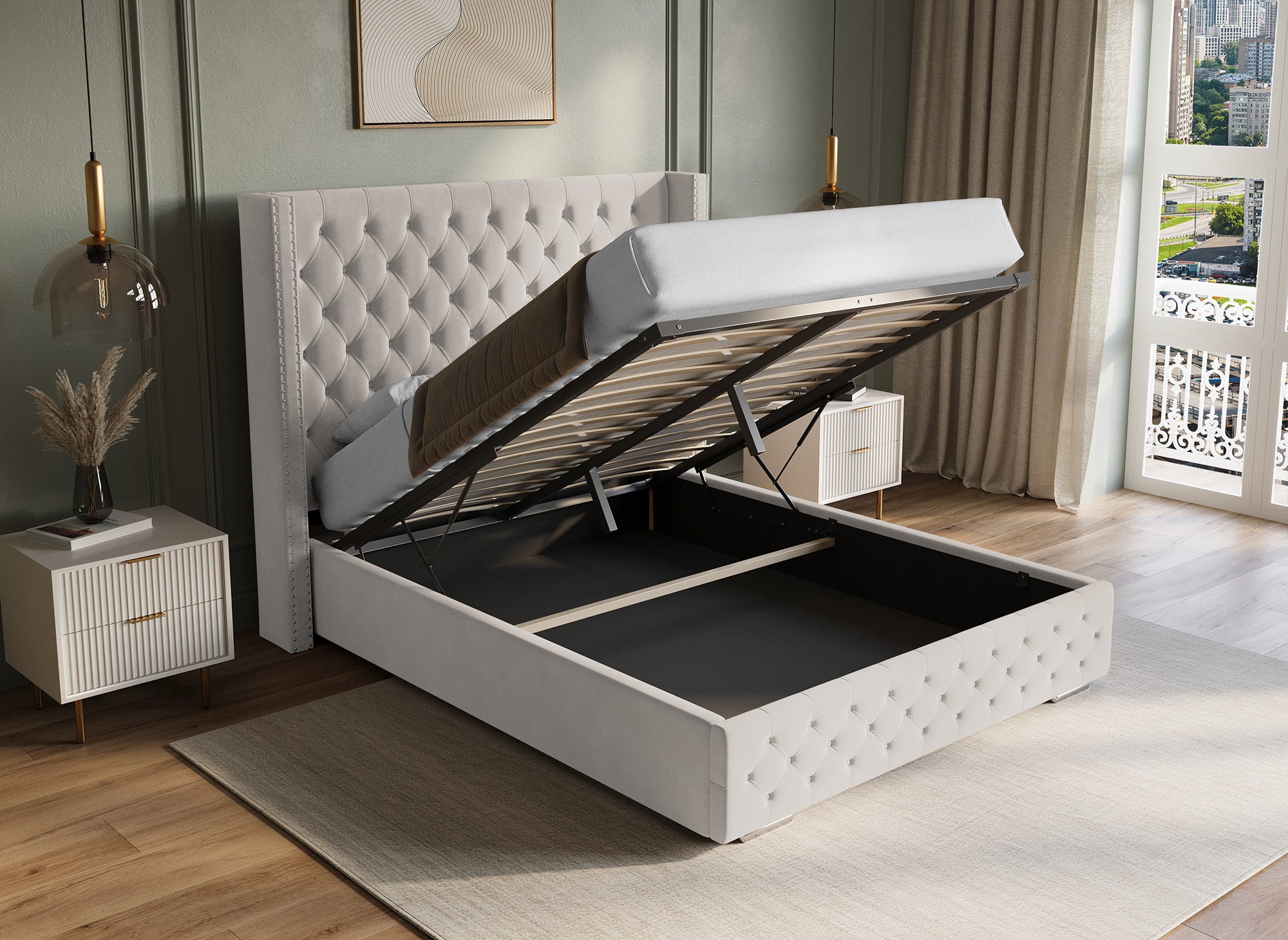 Lit coffre en velours beige 160x200 cm MAXI