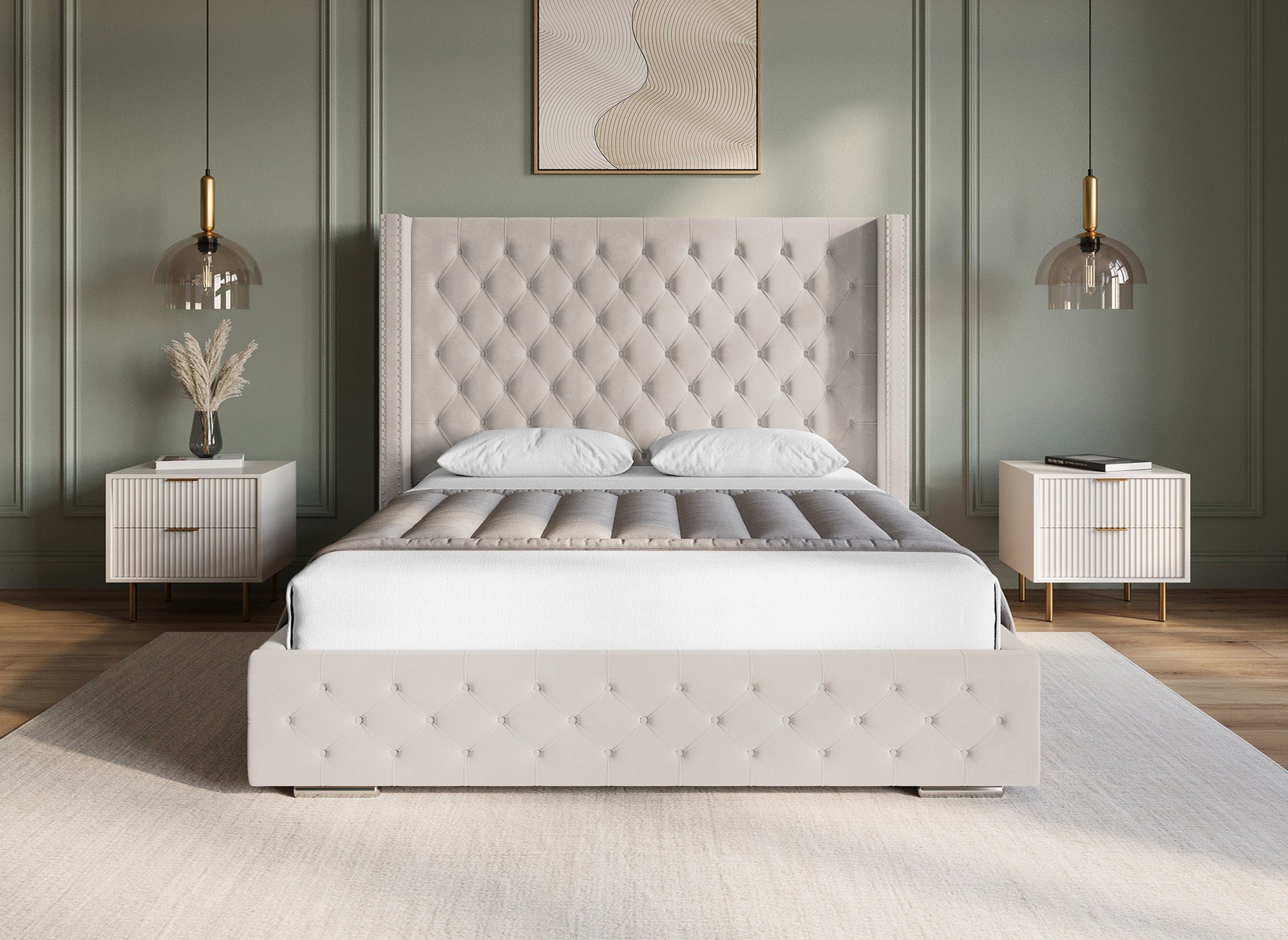 Lit coffre en velours beige 180x200 cm MAXI