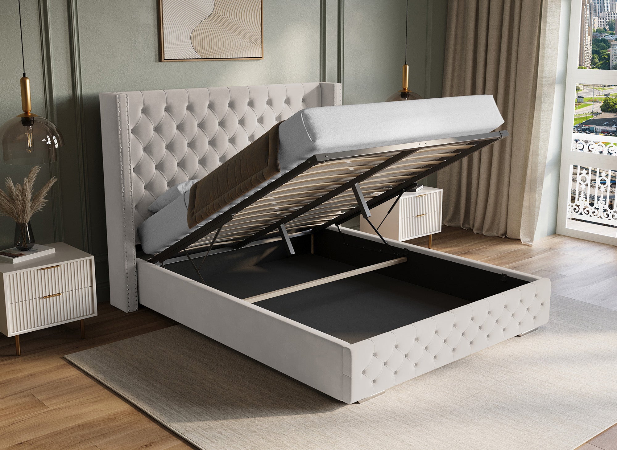 Lit coffre en velours beige 180x200 cm MAXI