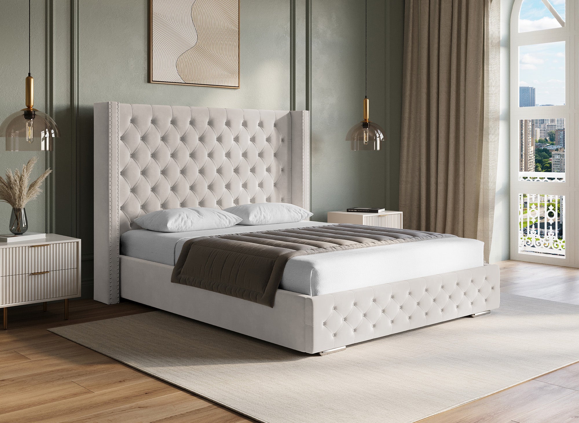 Lit coffre en velours beige 180x200 cm MAXI