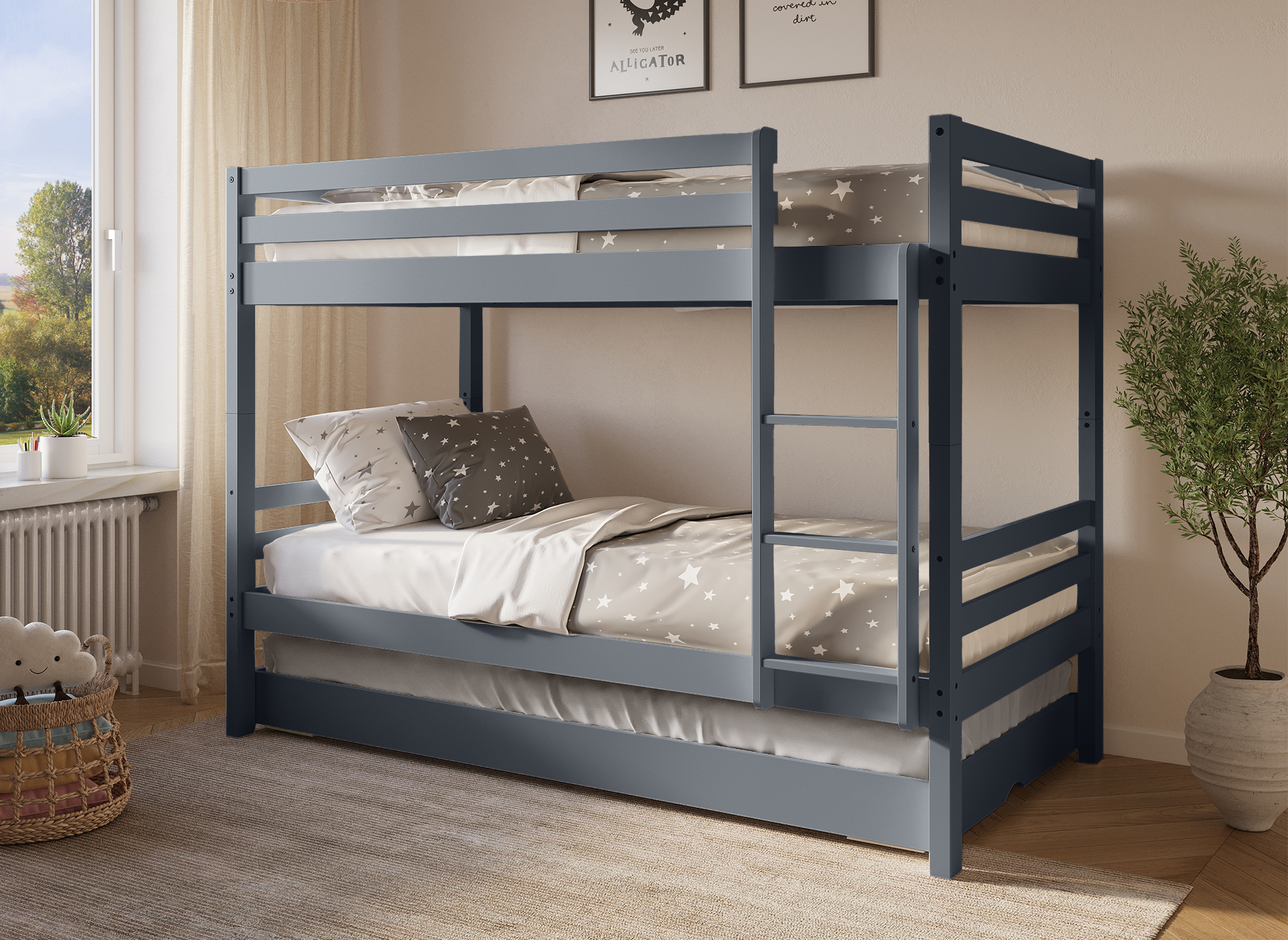 Lit superposé gigogne 3 couchages en bois gris LEOPAUL 90 x 190 cm